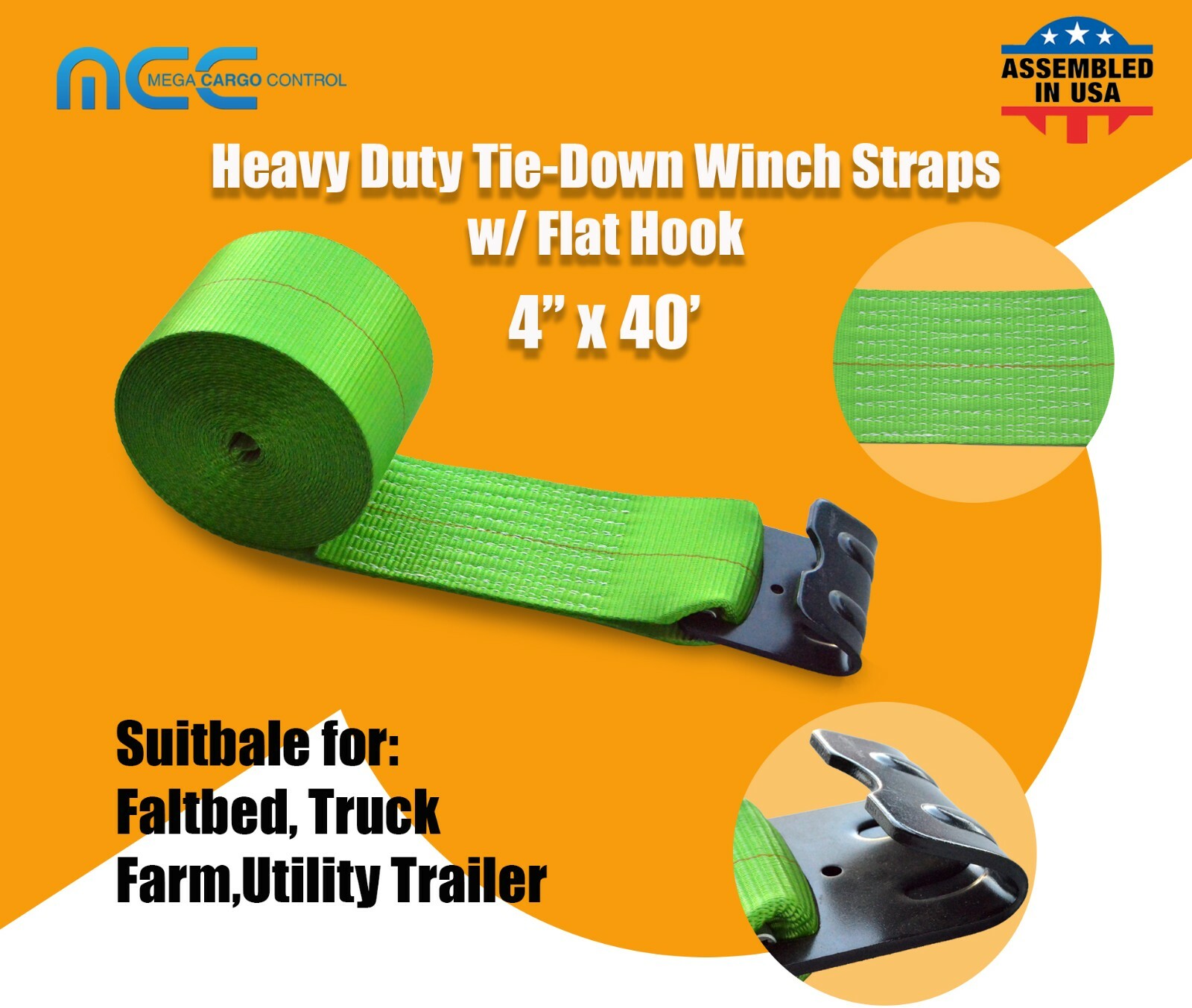 USA Heavy Duty 4" x40' Winch Strap Flat Hook Flatbed Truck Trailer Farm Tie Down