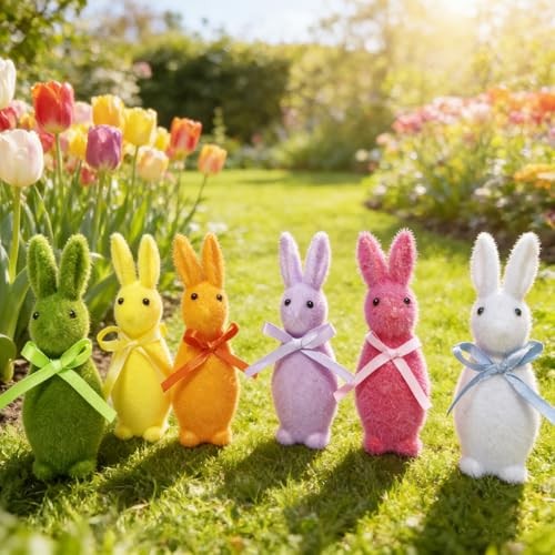 6 PCS Flocked Easter Bunnies Decors Set with 6 Colorful Eggs & Stakes, Rabbits