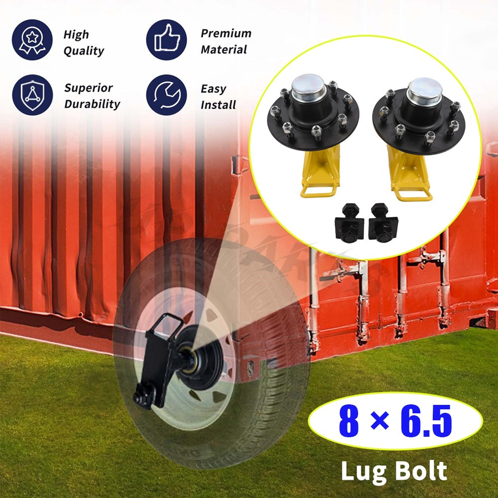 Pair 8 x 6.5 Lug 9000LB Yellow Shipping Container Wheels, Bolt-on Spindle Kit US