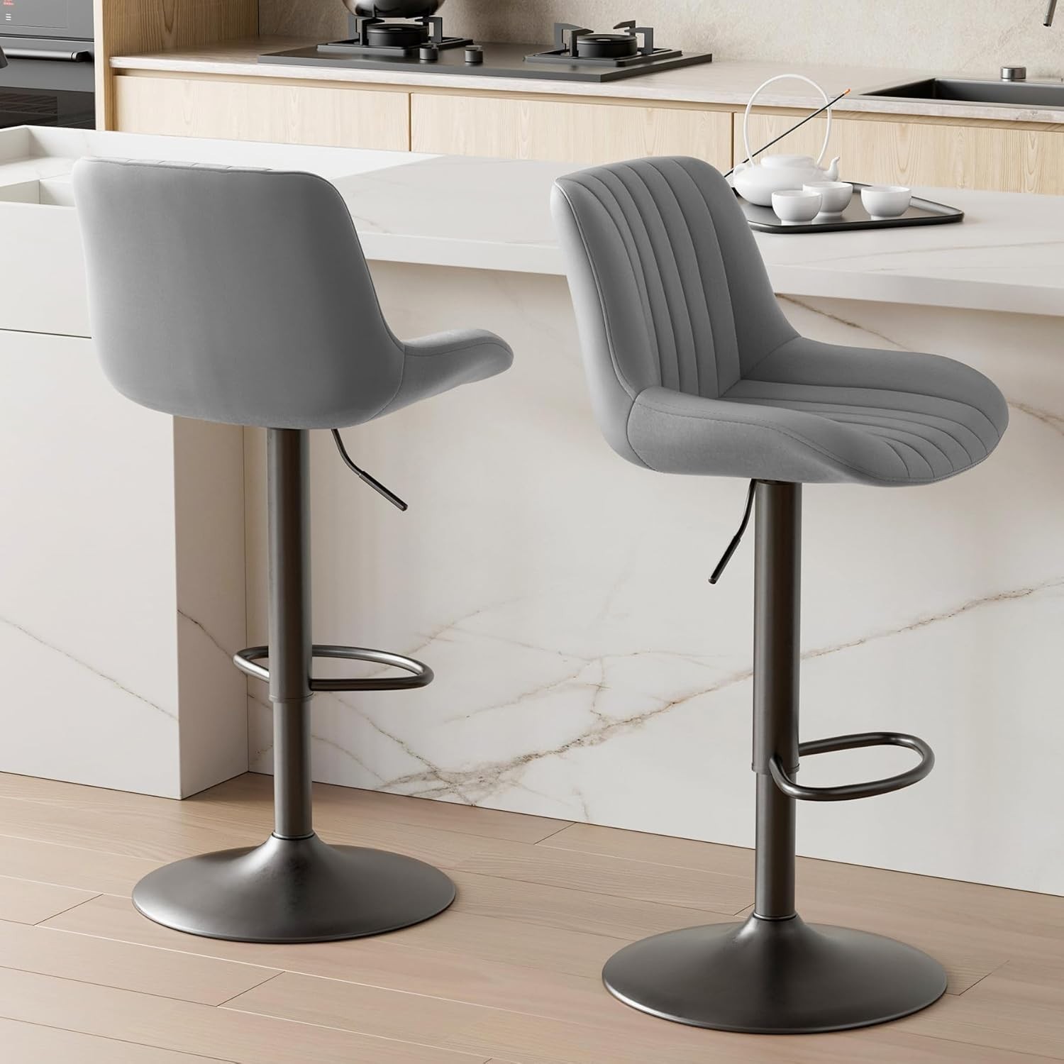 Set of 2 Adjustable Swivel Bar Stools with Backs Counter Height Dark Grey