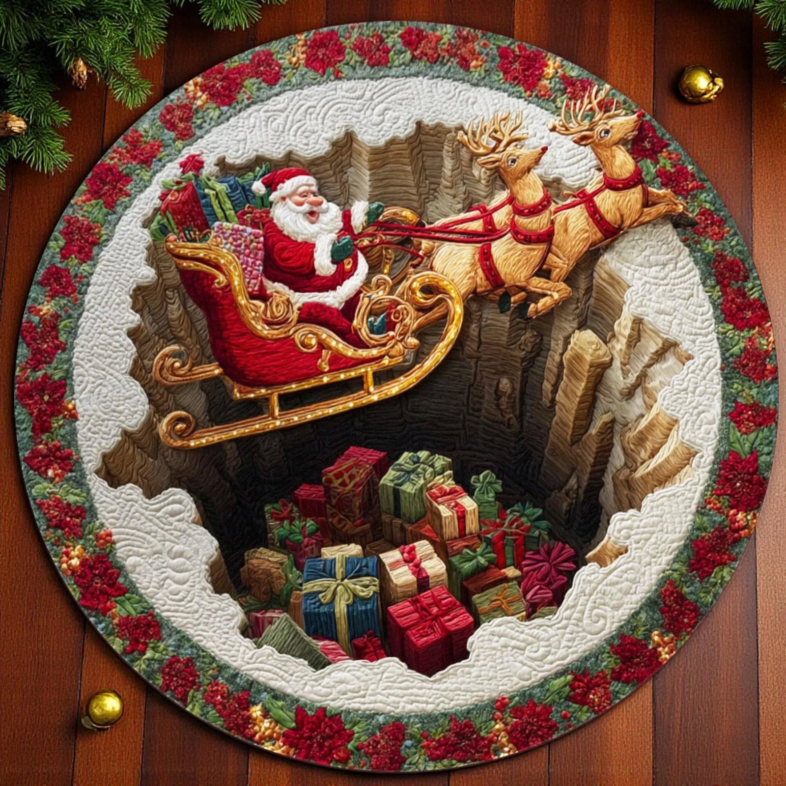 Printed Faux 3D Santa Sleigh Rug, Round Christmas Reindeer Carpet Doormat