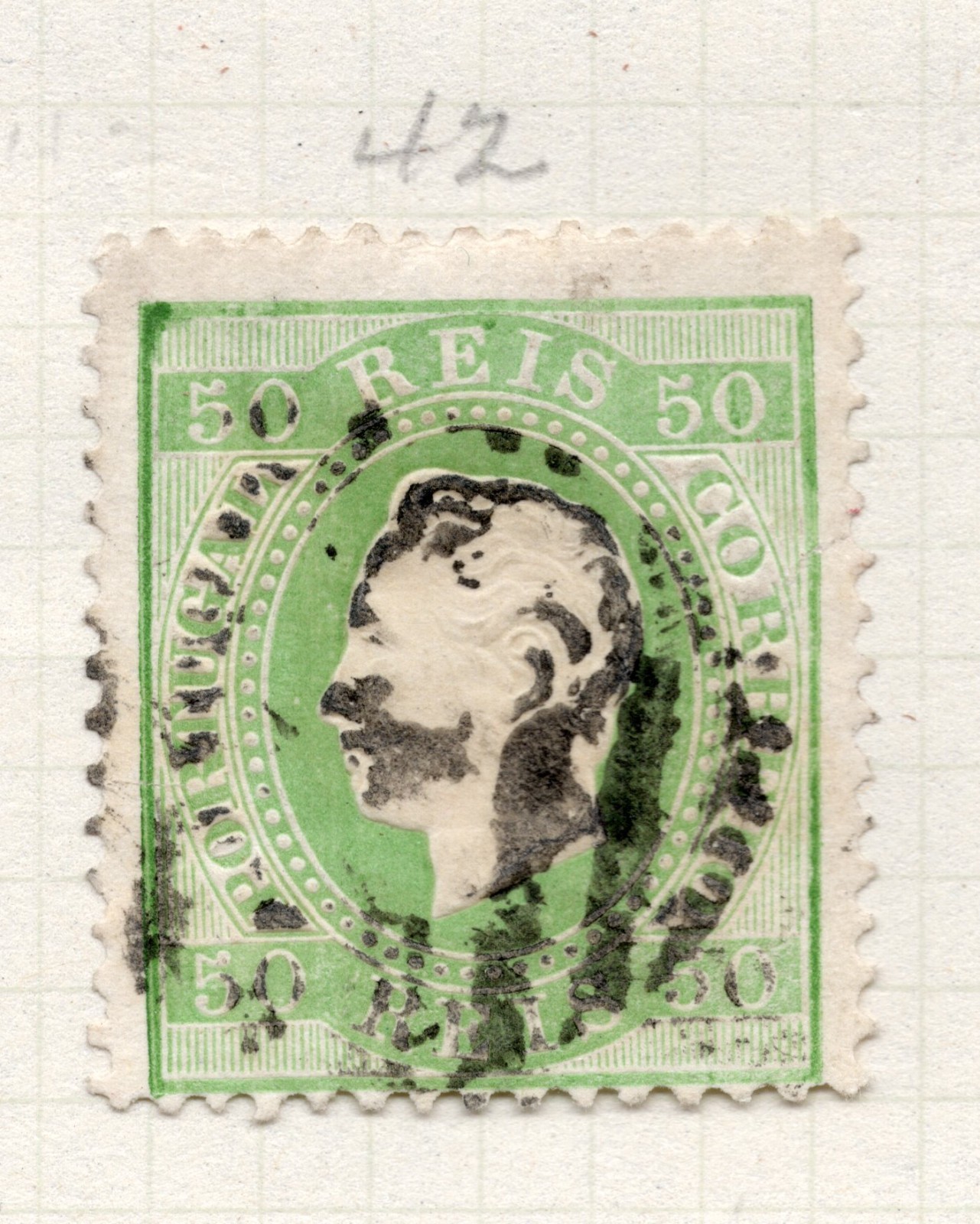 Portugal 1870-84 King Luiz 50 Reis pale grn Used VLH Scott Cat# 42