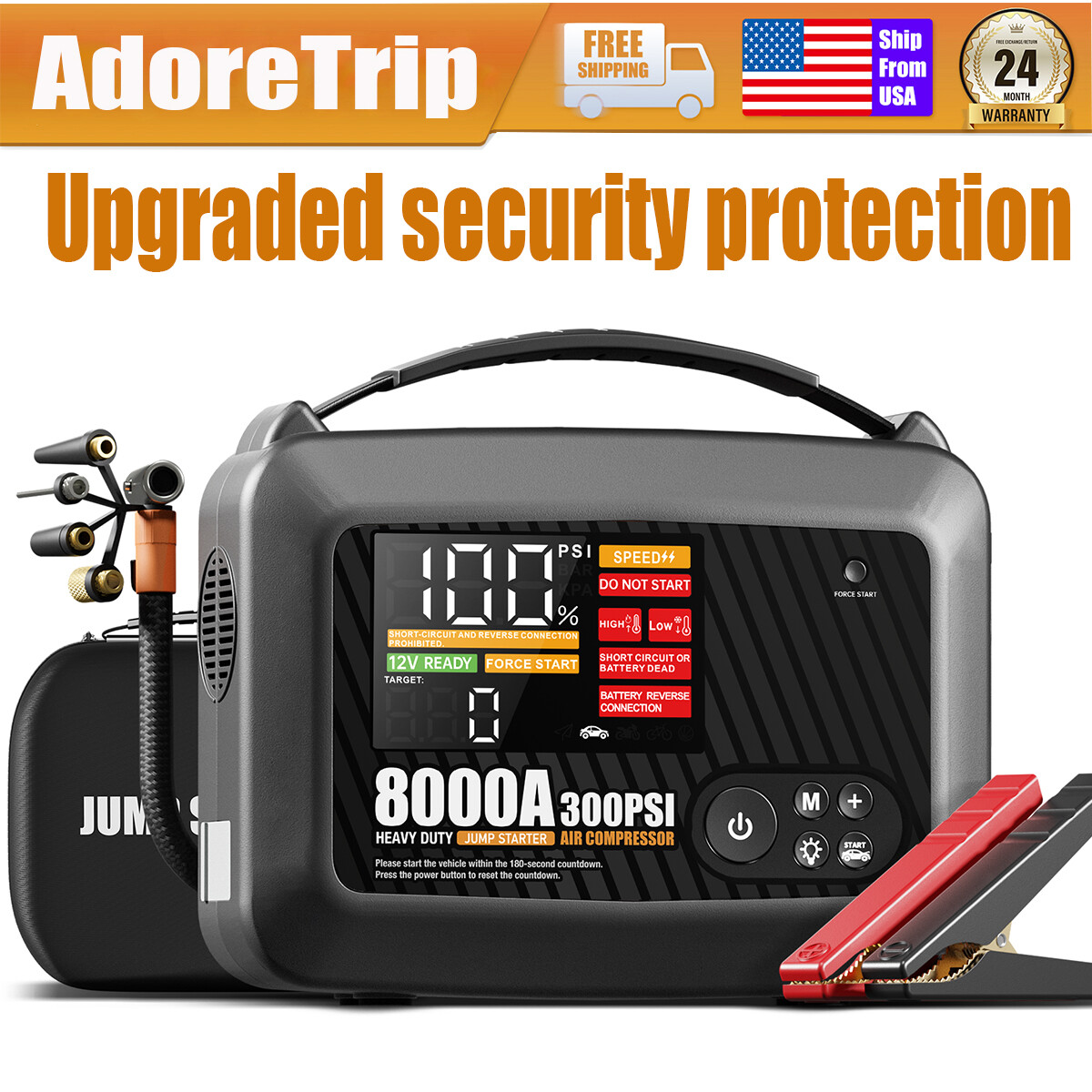 AdoreTrip 8000A Jump Starter +300PSI Air Compressor Battery Power Bank Emergency