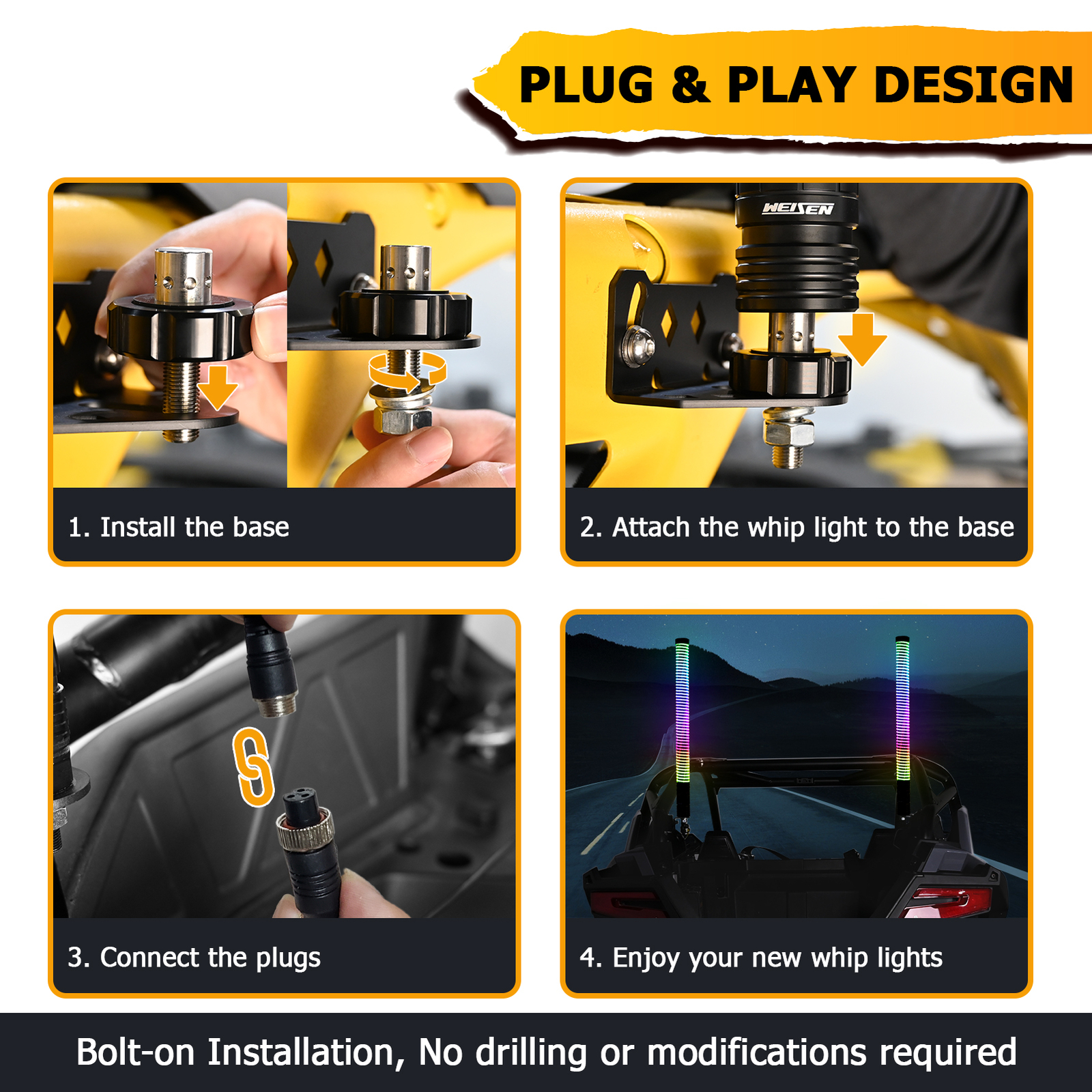 2x 2FT COB Thick LED Whip Spiral Chasing RGB Fat Whip Lights For Can Am Polaris