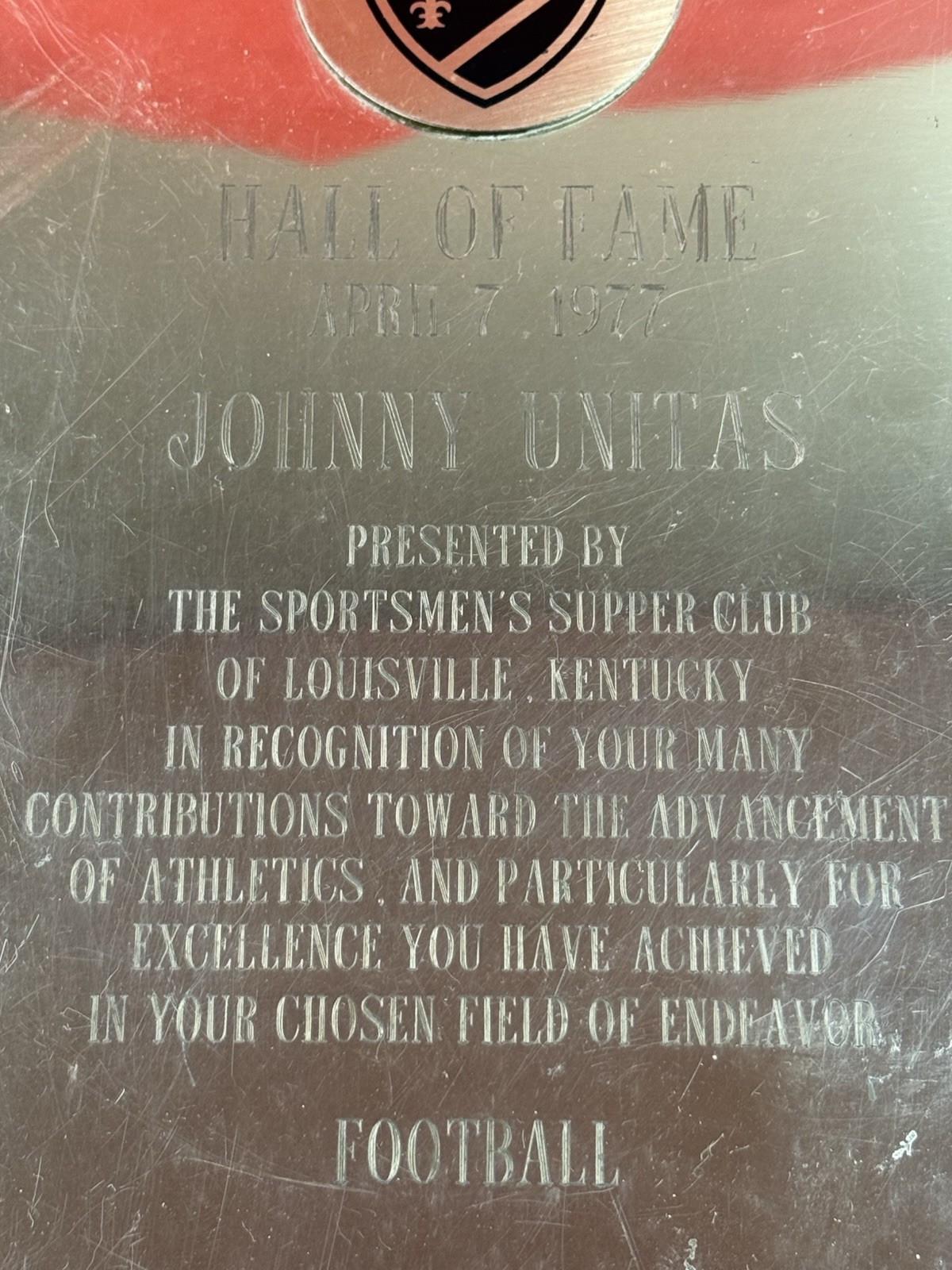 Original Johnny Unitas Personally Owned Award Plaque With COA