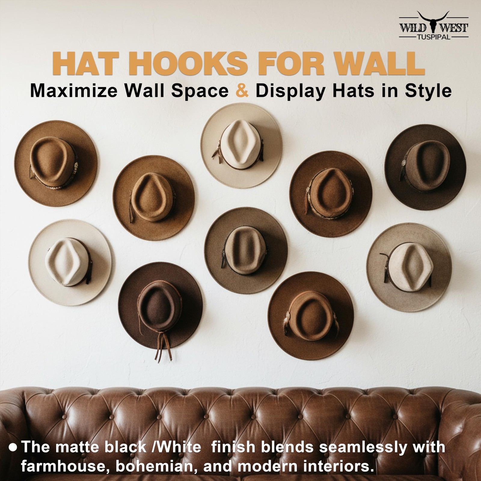 Adhesive Hat Hooks for Wall, 8 Pack, 2.9" Cowboy Hat Rack Prevents Deformation,