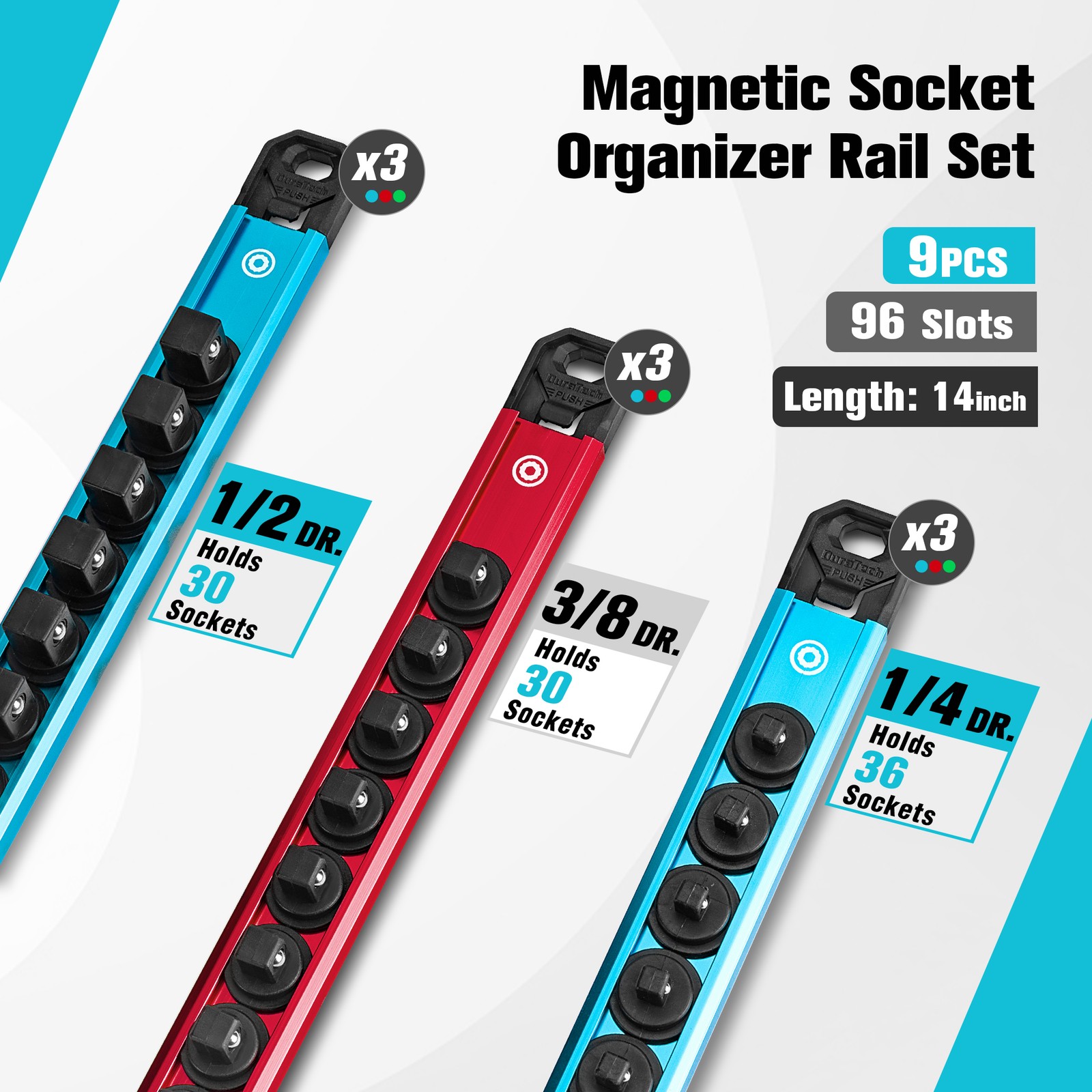DURATECH 9PCS Magnetic 1/4”, 3/8”, 1/2” Aluminum Alloy Socket Rail with 96 Clips