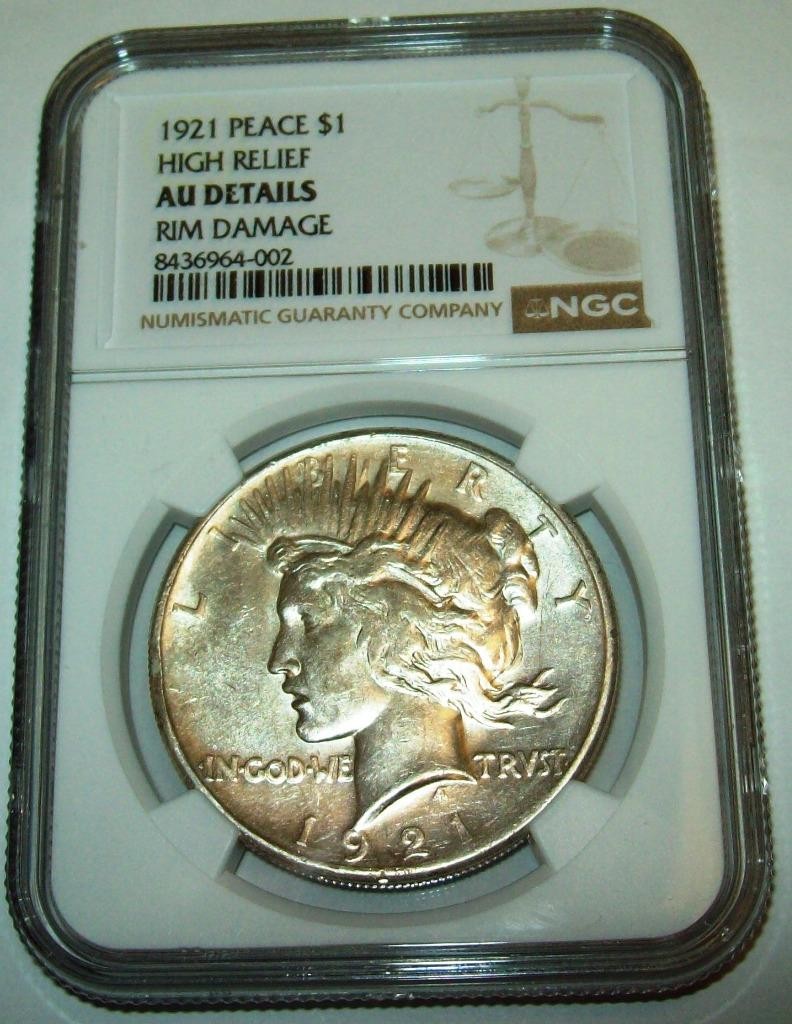 1921 PEACE SILVER DOLLAR HIGH RELIEF COIN CERTIFIED NGC AU DETAILS  RARE $1