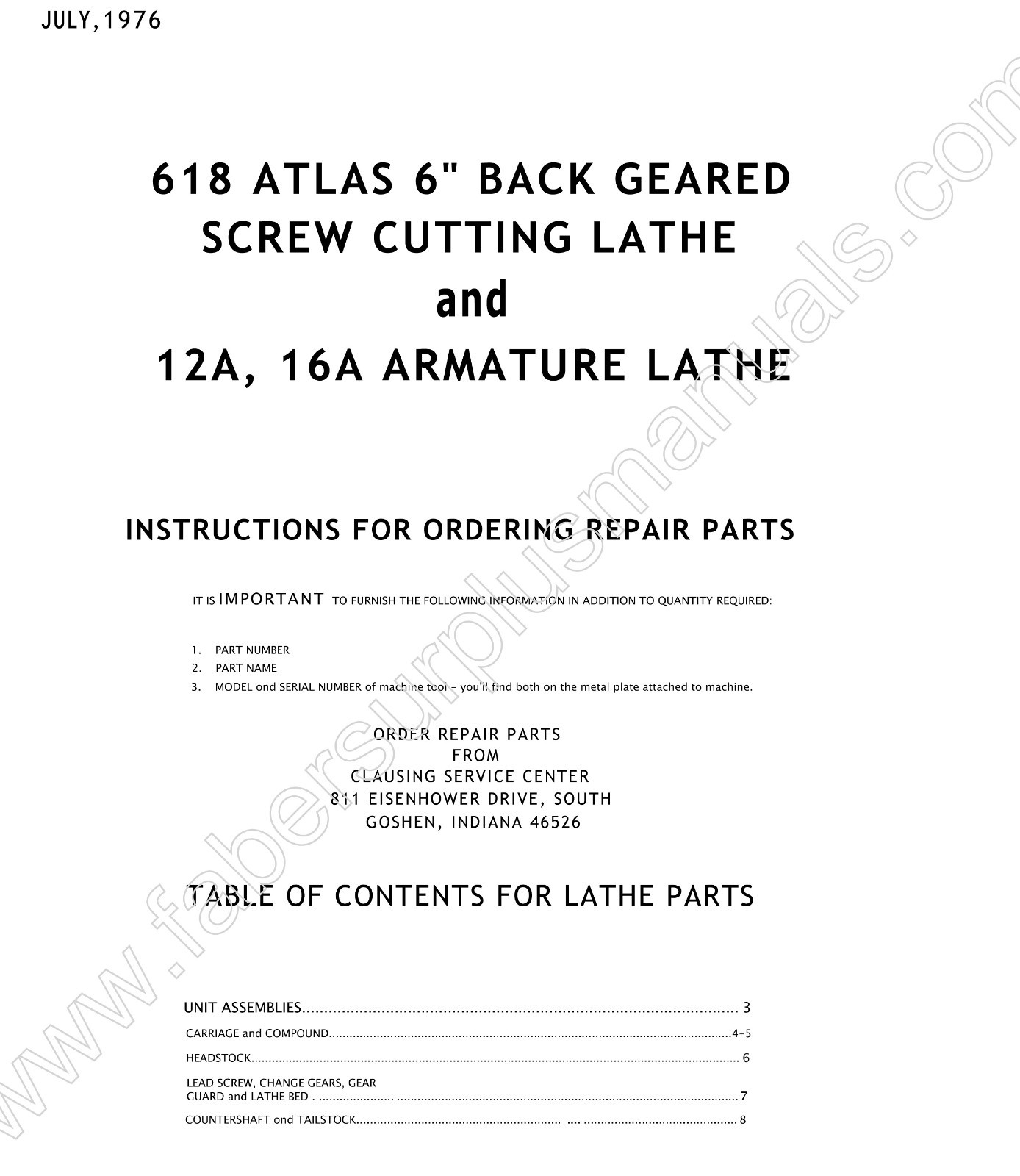 Atlas Lathe 618 & No. 12A, 16A Armature Lathe Instruction & Parts Manual *266