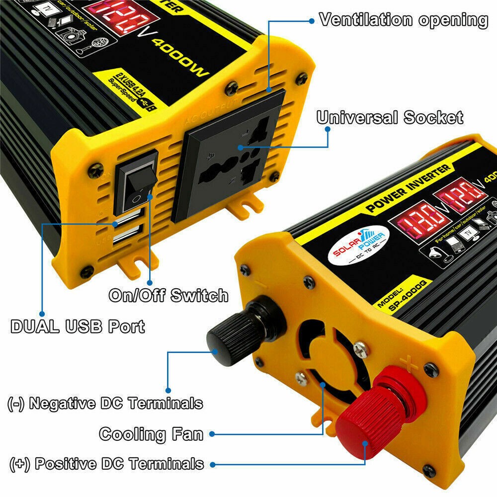 4000W Car Power Inverter DC 12V To AC 110V Pure Sine Wave Converter LCD USA