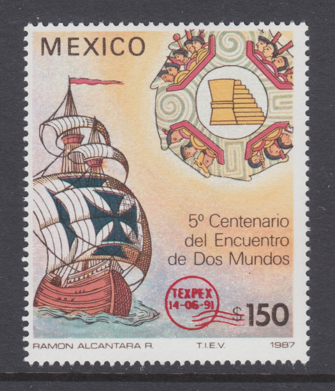 Mexico Sc 1698 MNH. 1991 150p Sailing Ship with red TEXPEX overprint, fresh, VF