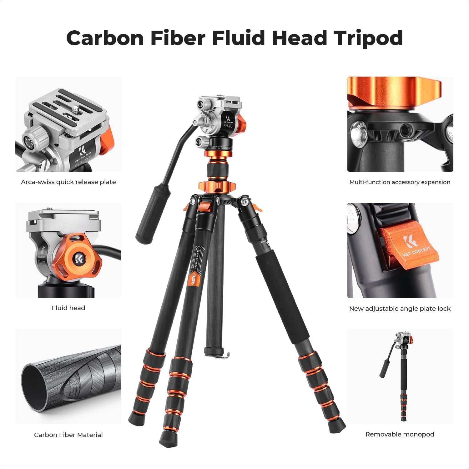 K&F Concept 67" Carbon Fiber Tripod Video Tripod w/ Fluid Head Load Capacity 8kg