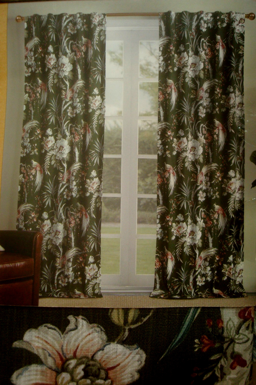 NWT Moss & Willow 2 pc Curtain Panels BIRD Floral Cotton blend Green 96" lg