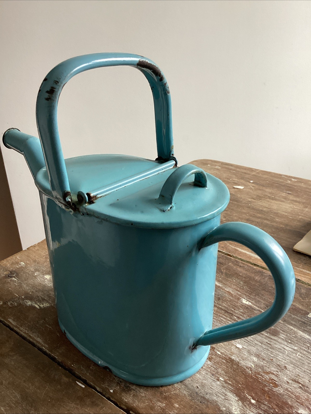 Antique Light Blue Enamel Ware Watering Can c1900 European Vintage