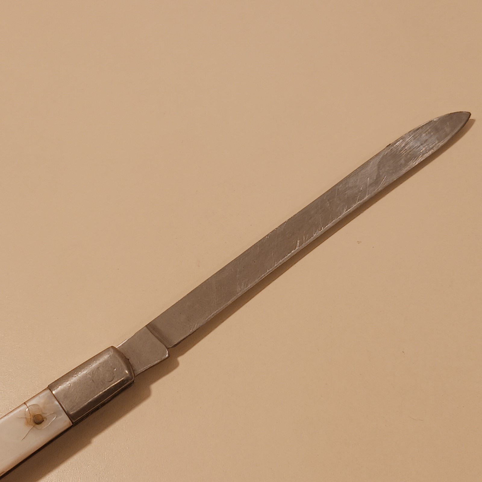 Sabre Stainless Steel Japan 677 Folding Fruit Melon Knife White Celluloid Handle