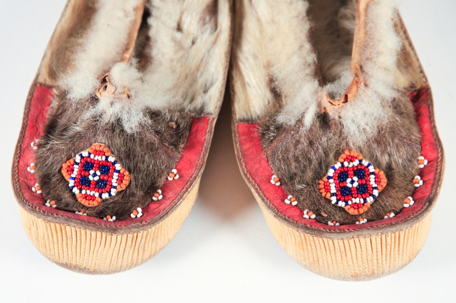 Vintage Native American Inuit Indian Bead Leather Fur Moccasins Mukluks 20th C.