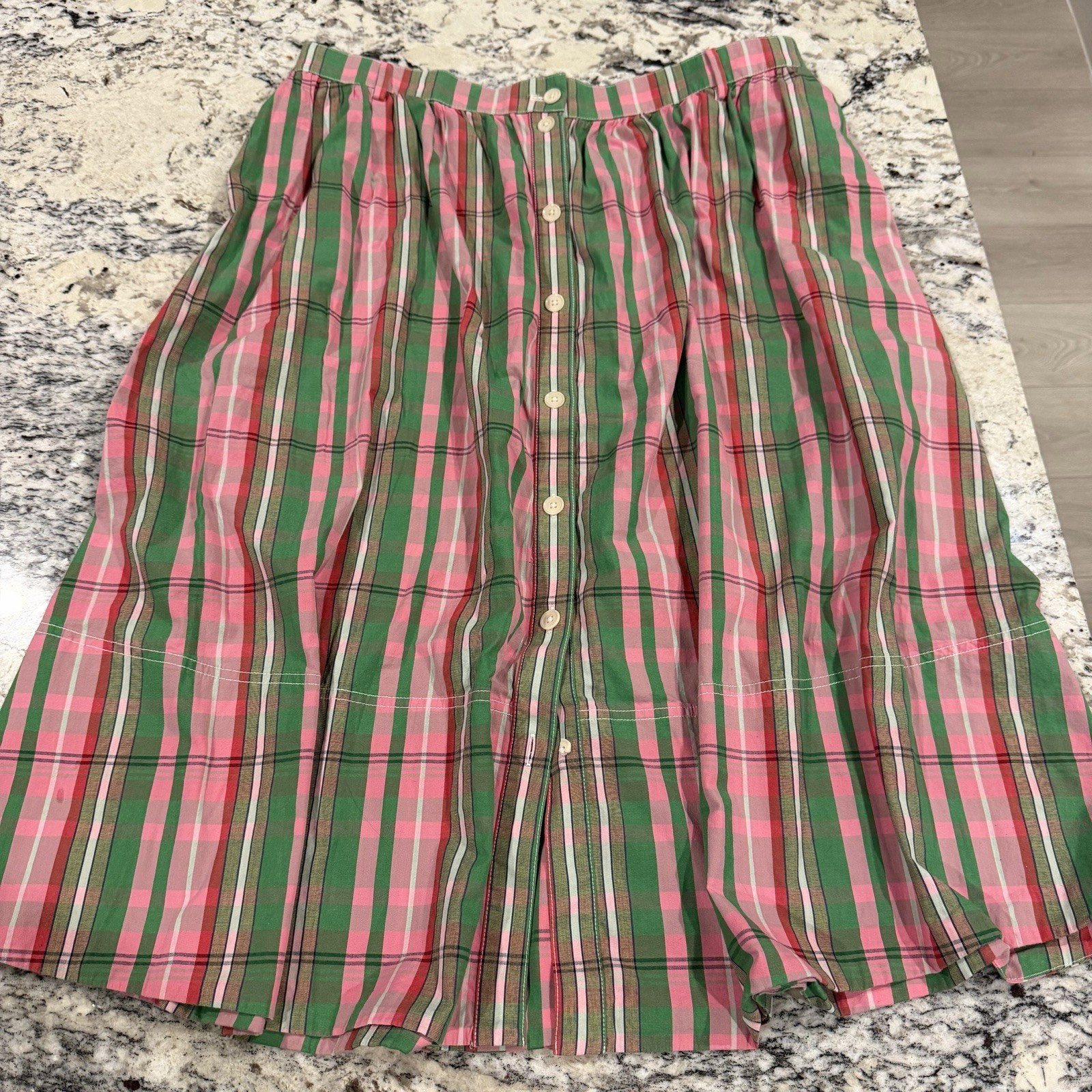 J CREW Midi Skirt 16 Pink Green Plaid Check Organic Cotton Button Front Pocket