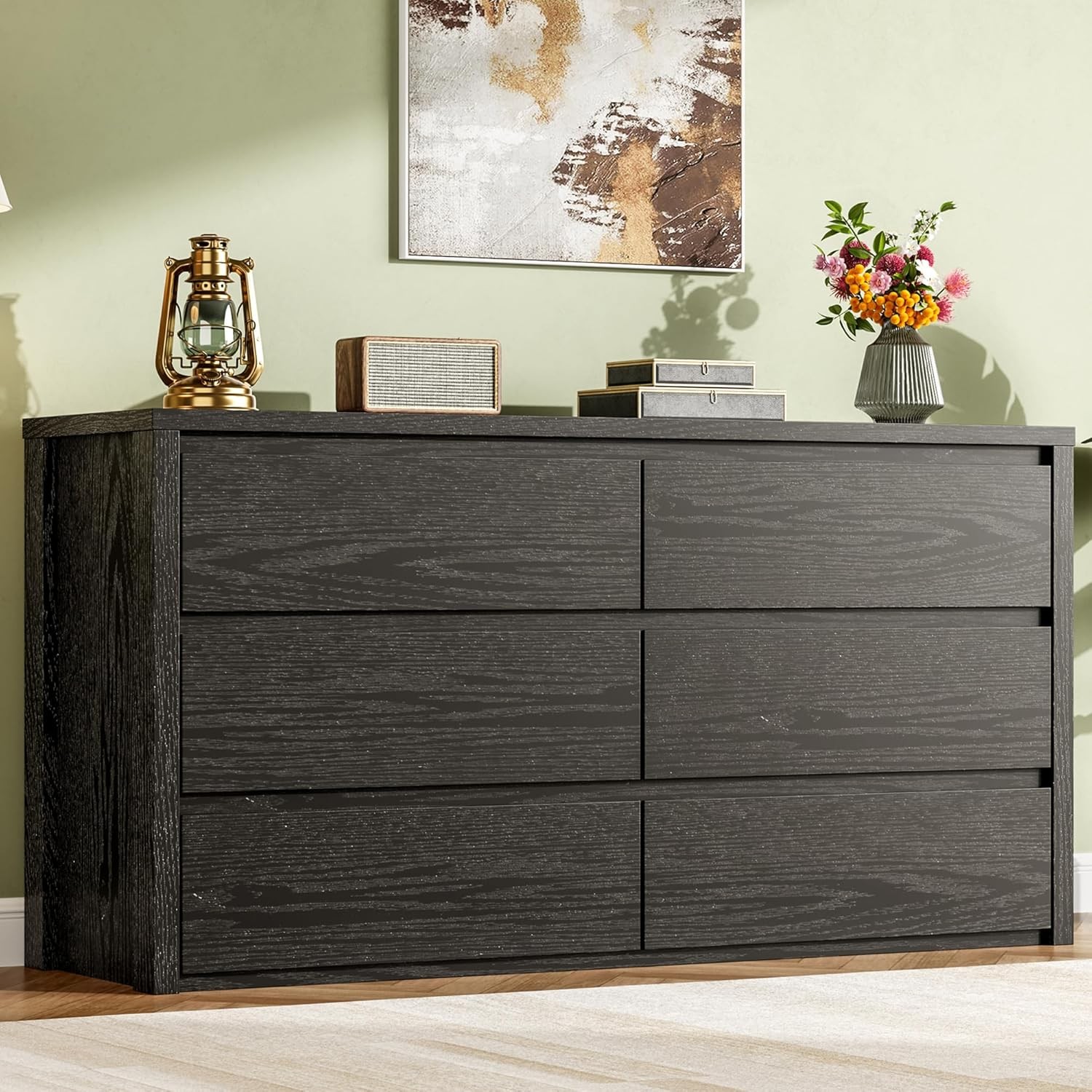 6 Drawers Dresser for Bedroom,Wide Wood Chest of Drawers Handle Free,Black