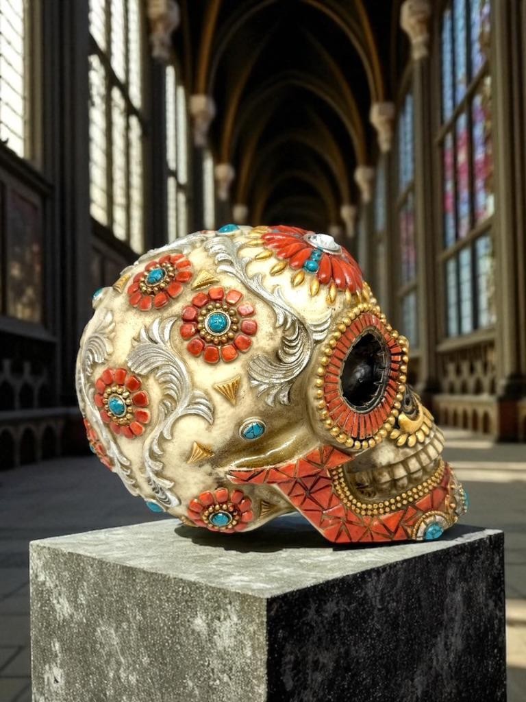 Gothic Day Of The Dead Flower Floral SKULL Skeleton HEAD Sculpture Figurine Gift