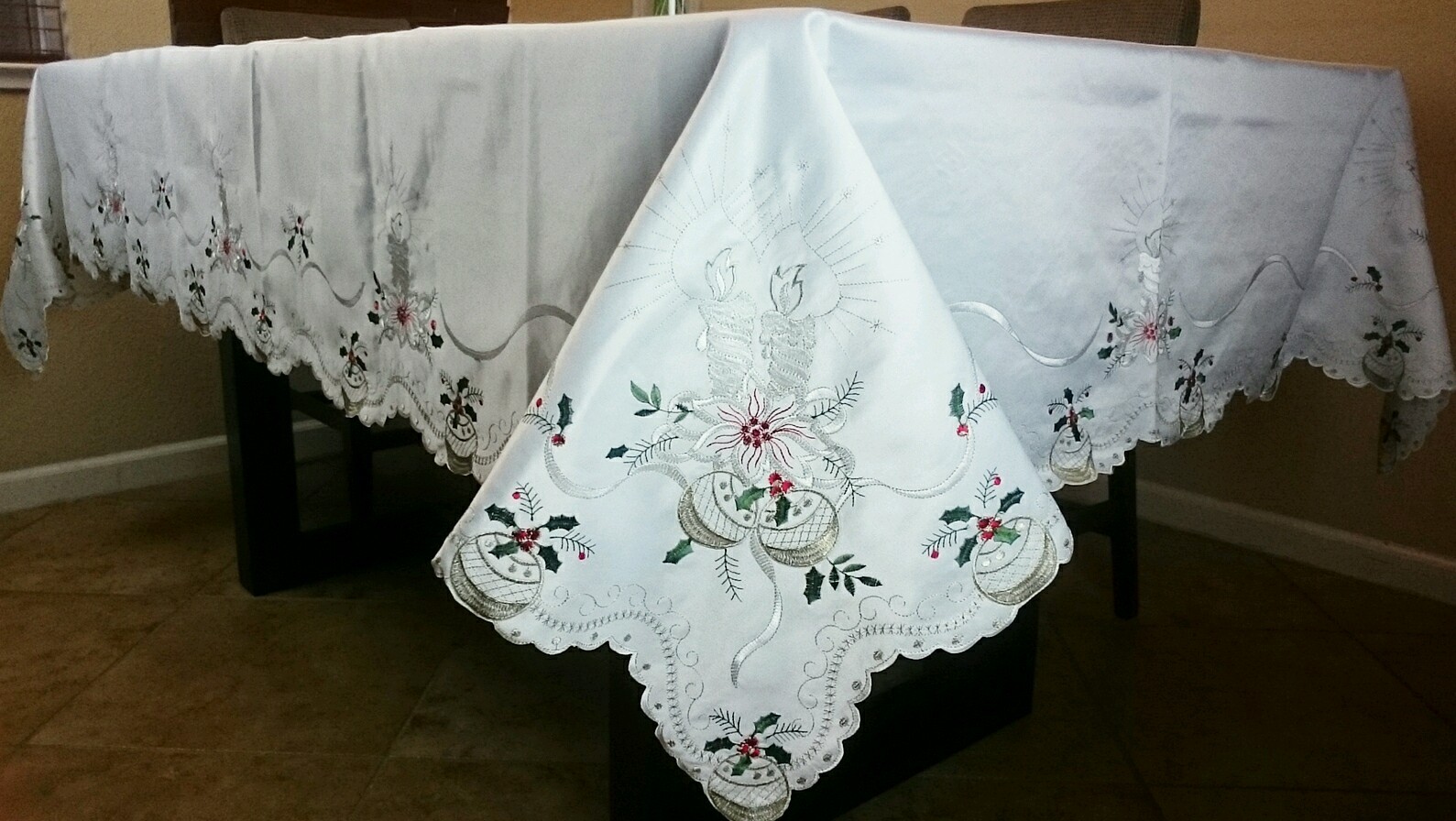 72x144" Embroidery Silver White Candle Ornament Christmas Tablecloth 12 Napkins
