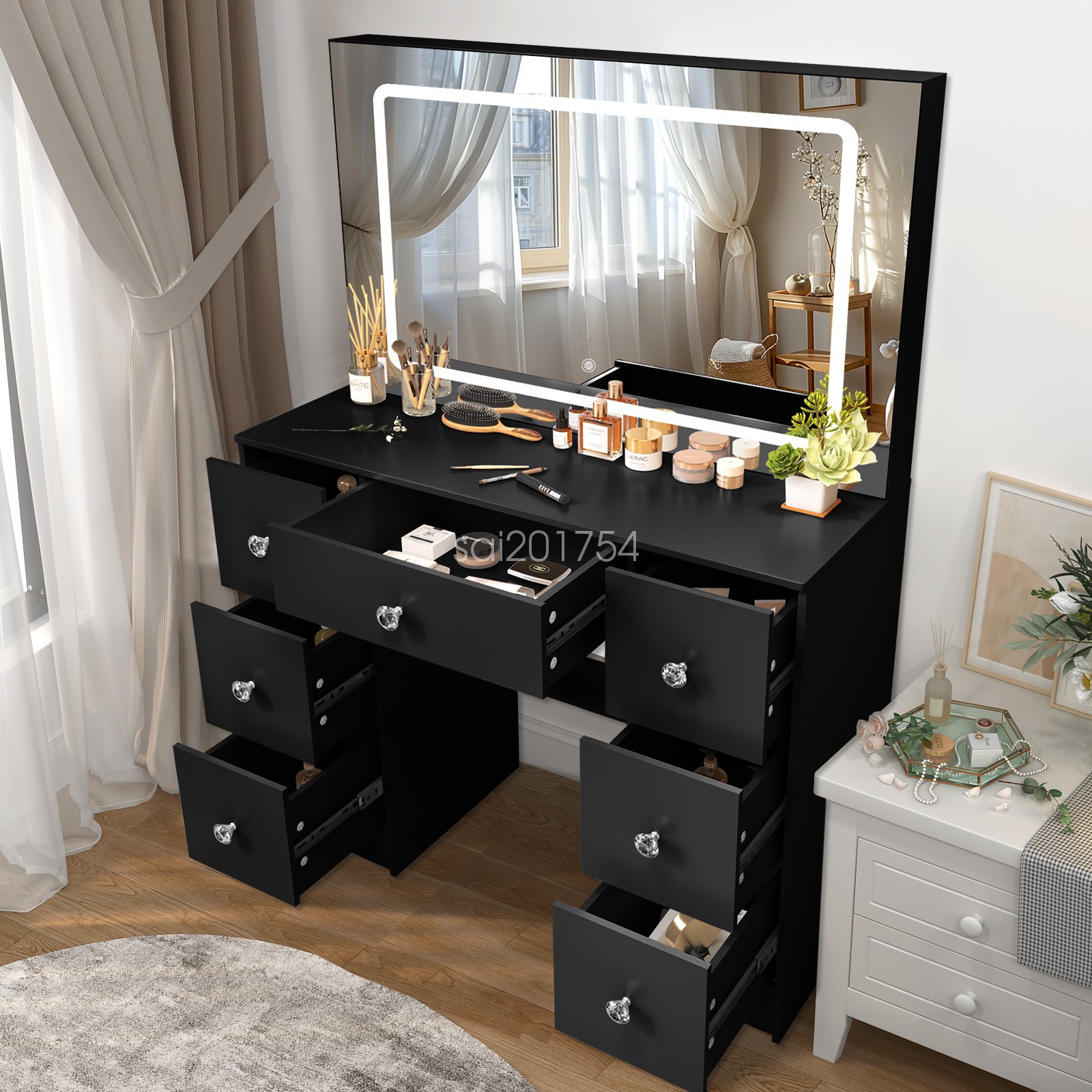 Black Vanity Makeup Desk with LED Lighted Mirror and 7 Drawers Dressing Table