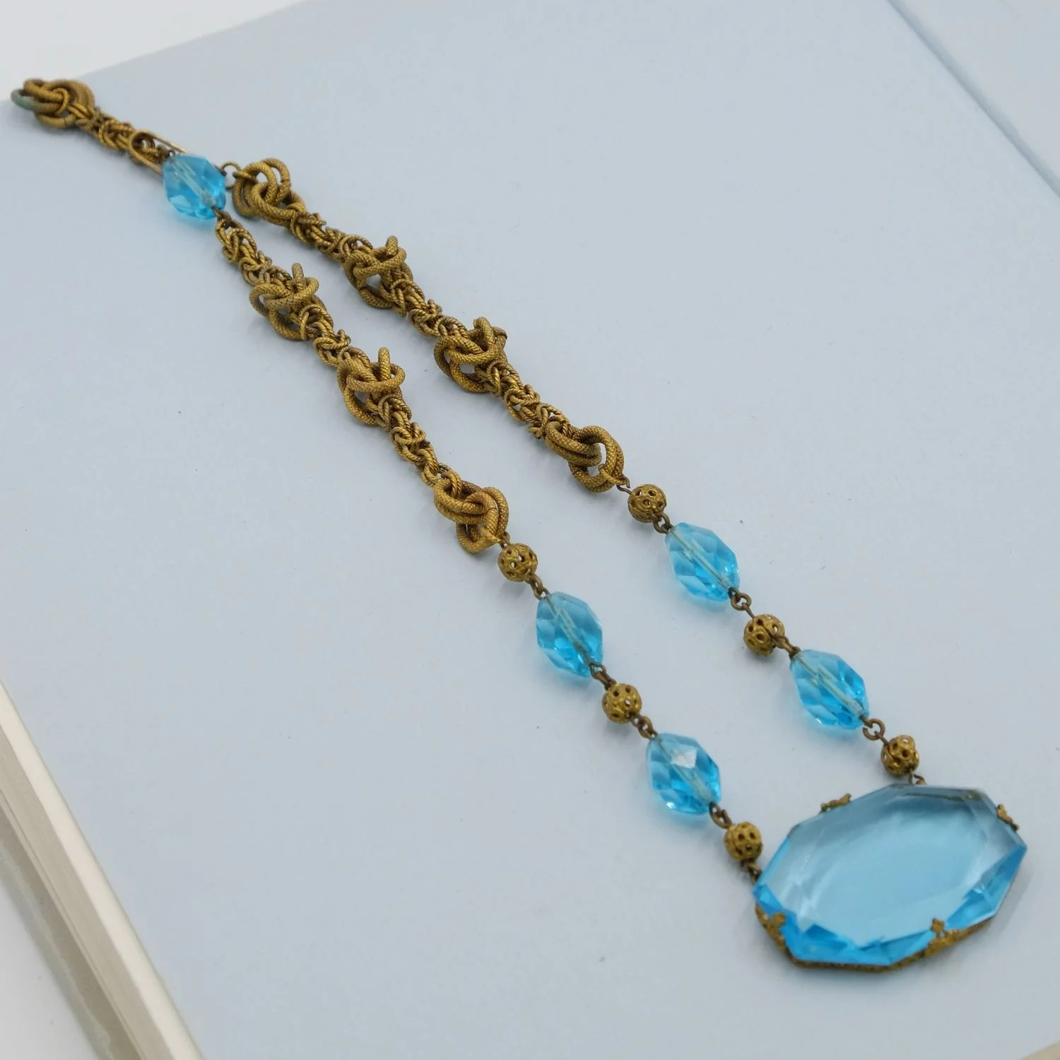 Antique Blue Czech Large Glass Pendant Necklace 1920s