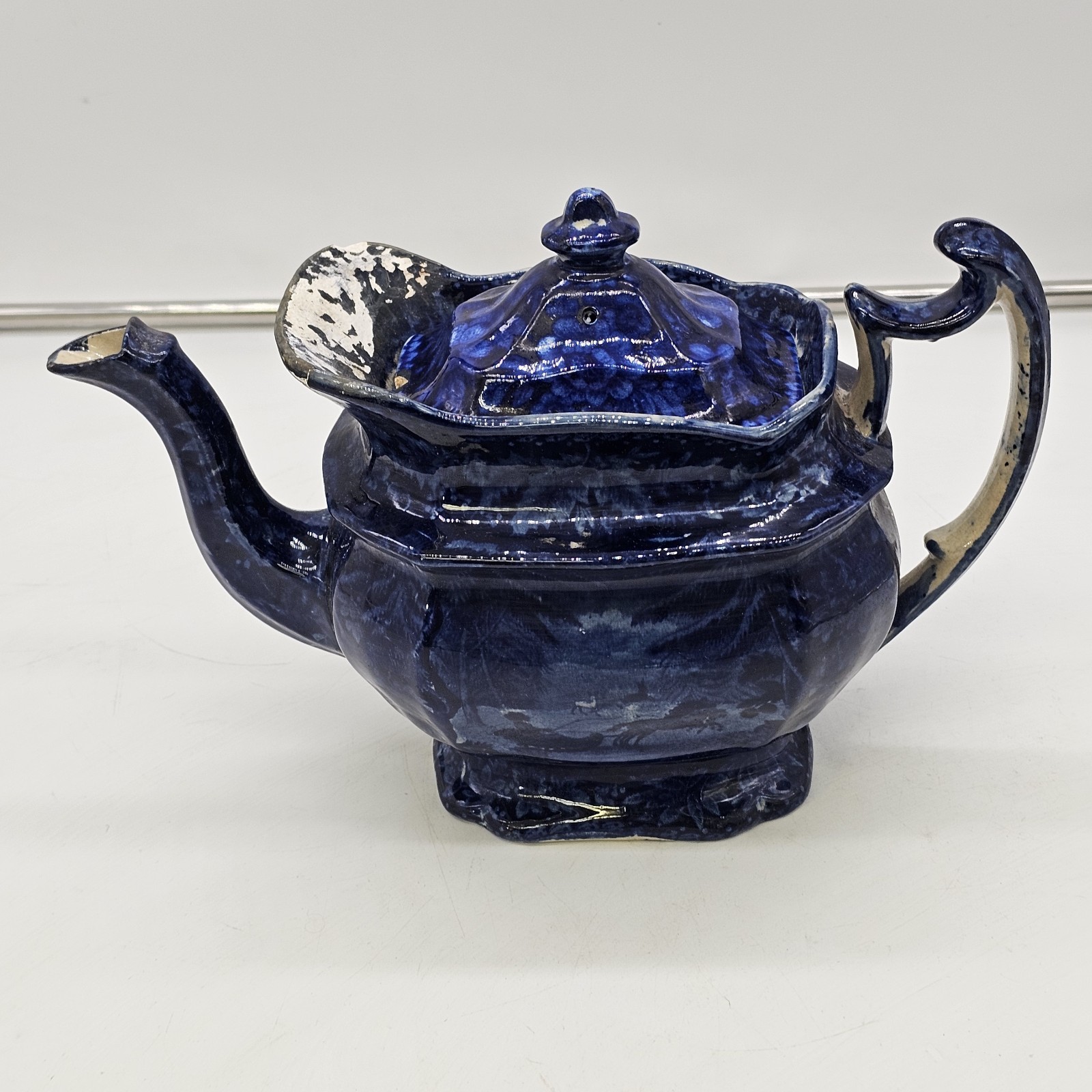 Historical Dark Blue Staffordshite Teapot Winter Sleigh Scene Circa 1825