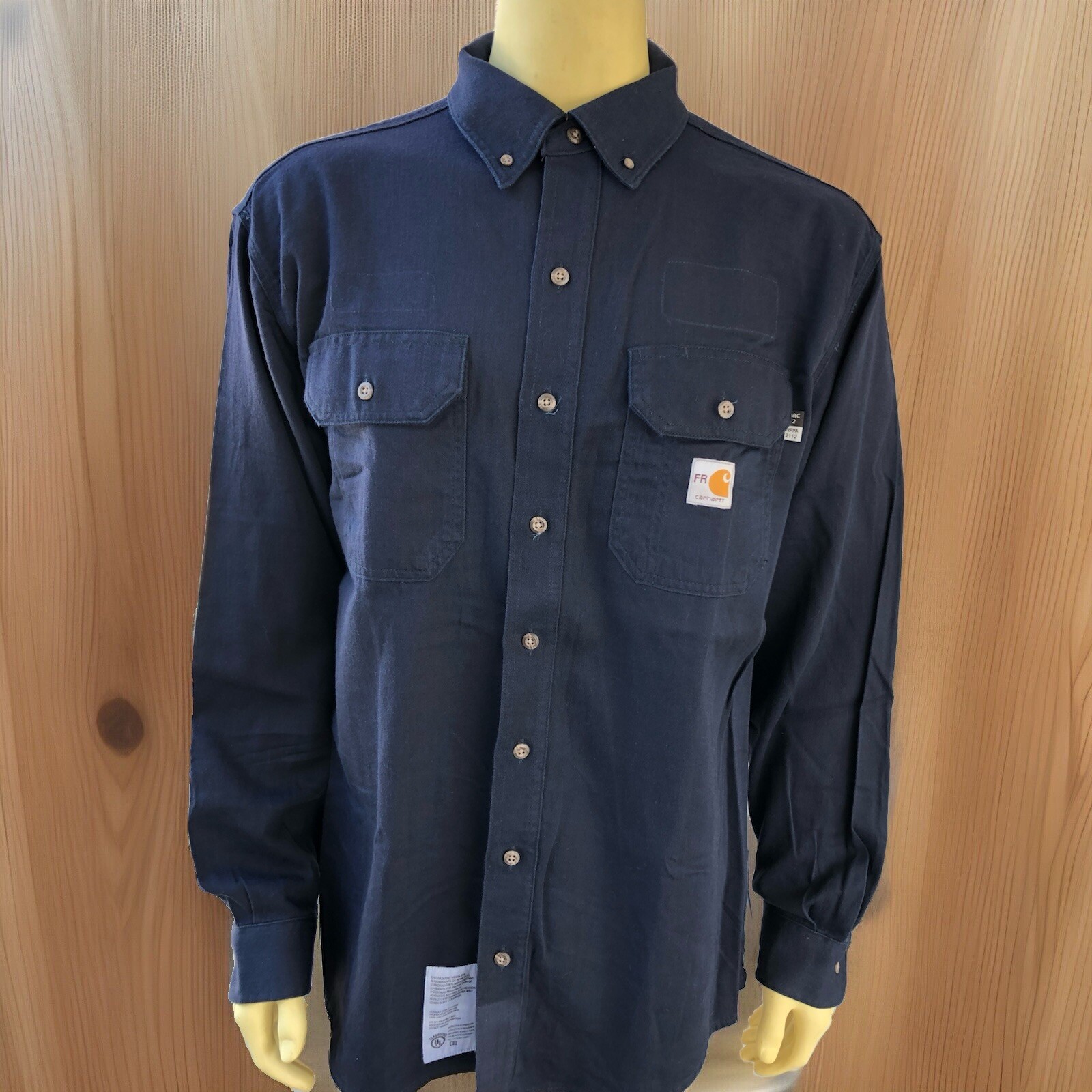 2 Carhartt FR Button Down Cotton Work Shirts Large RG Navy