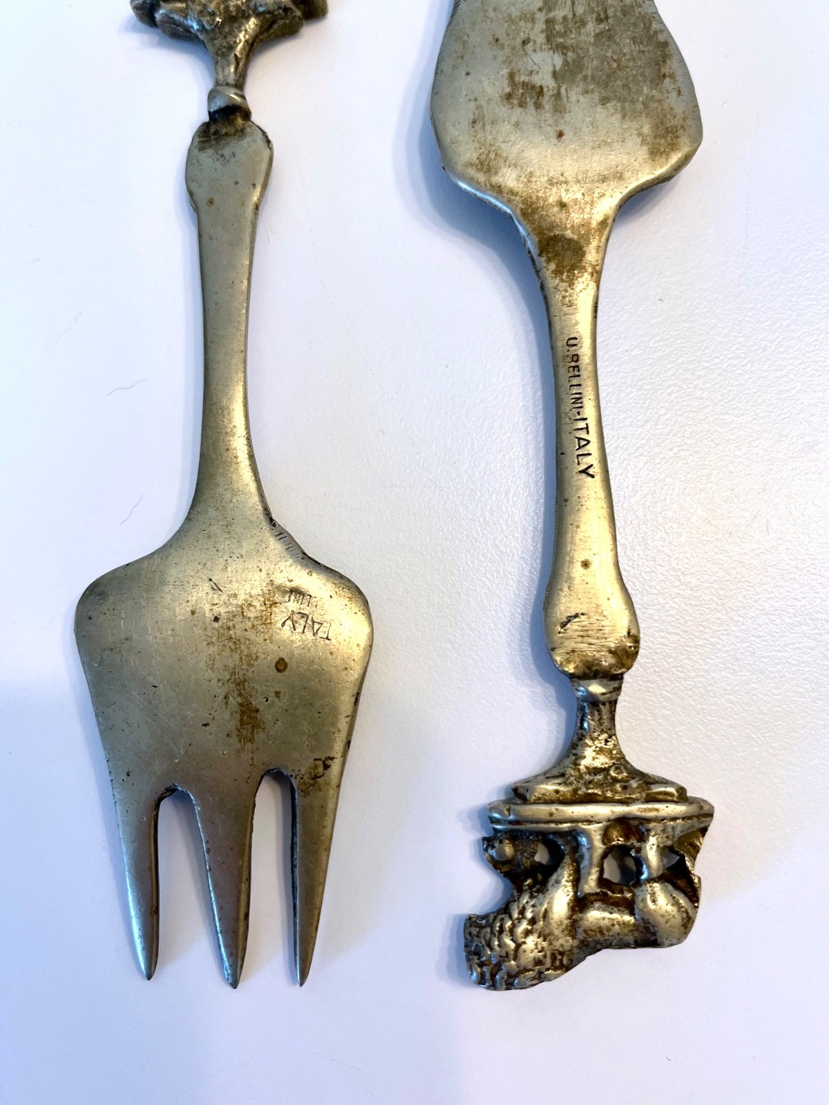 UGO BELLINI Serving Spoon & Fork Ornate Silver Plate Italy 6"