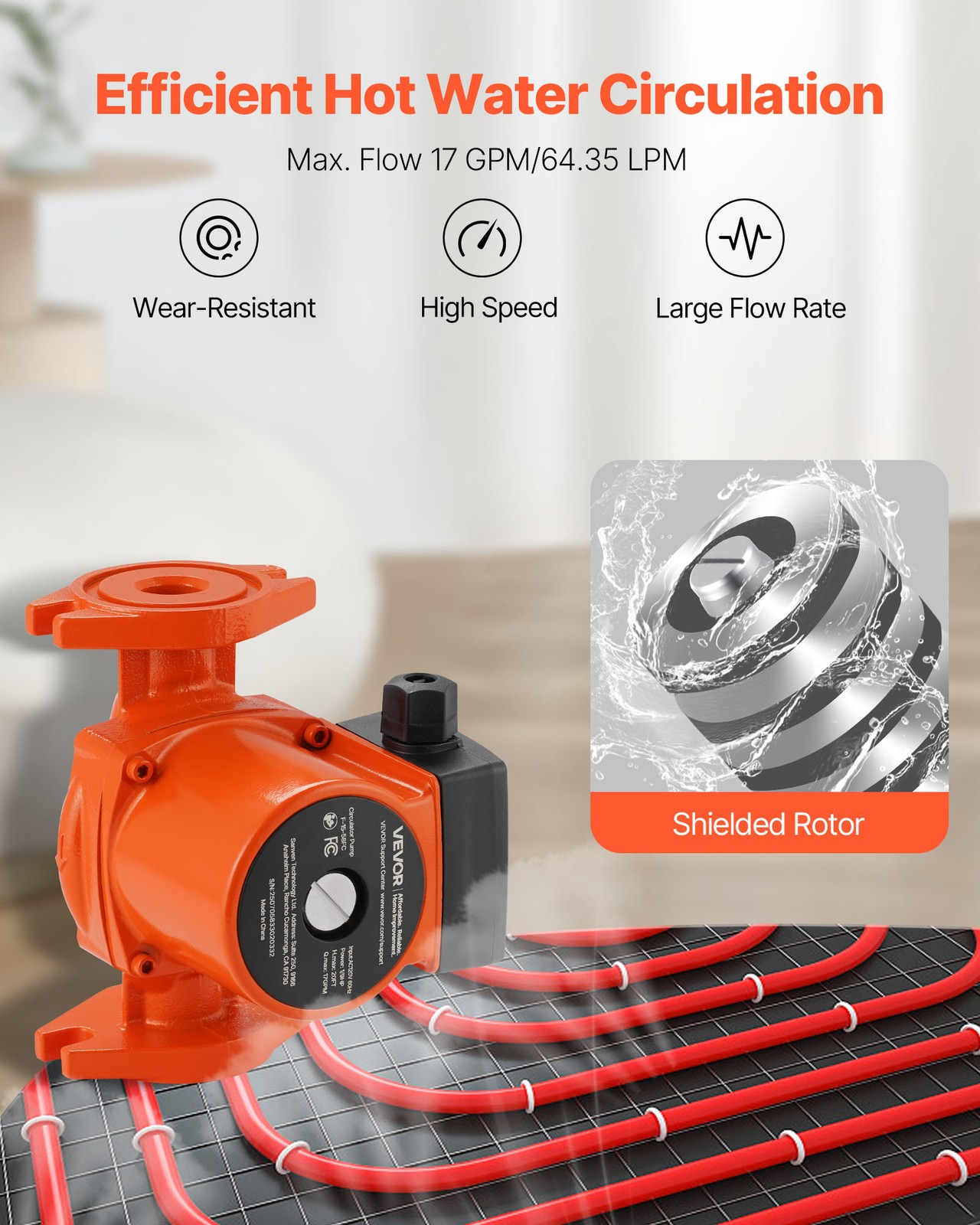 VEVOR F-15-58FC Cast Iron Circulator Pump Hot Water Circulation 1/9 HP 17 GPM