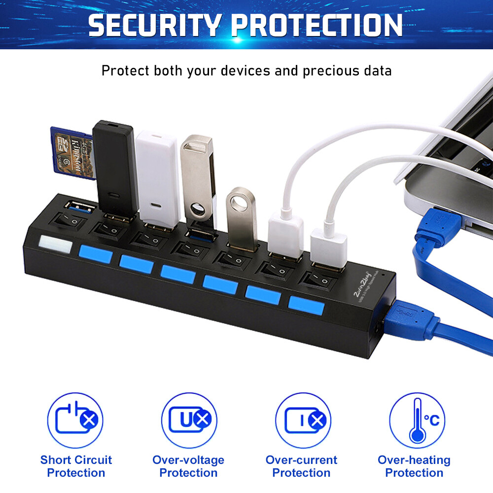 USB 3.0 Hub 7 Port On/Off Switch High Speed Splitter AC Adapter Cable PC Laptop