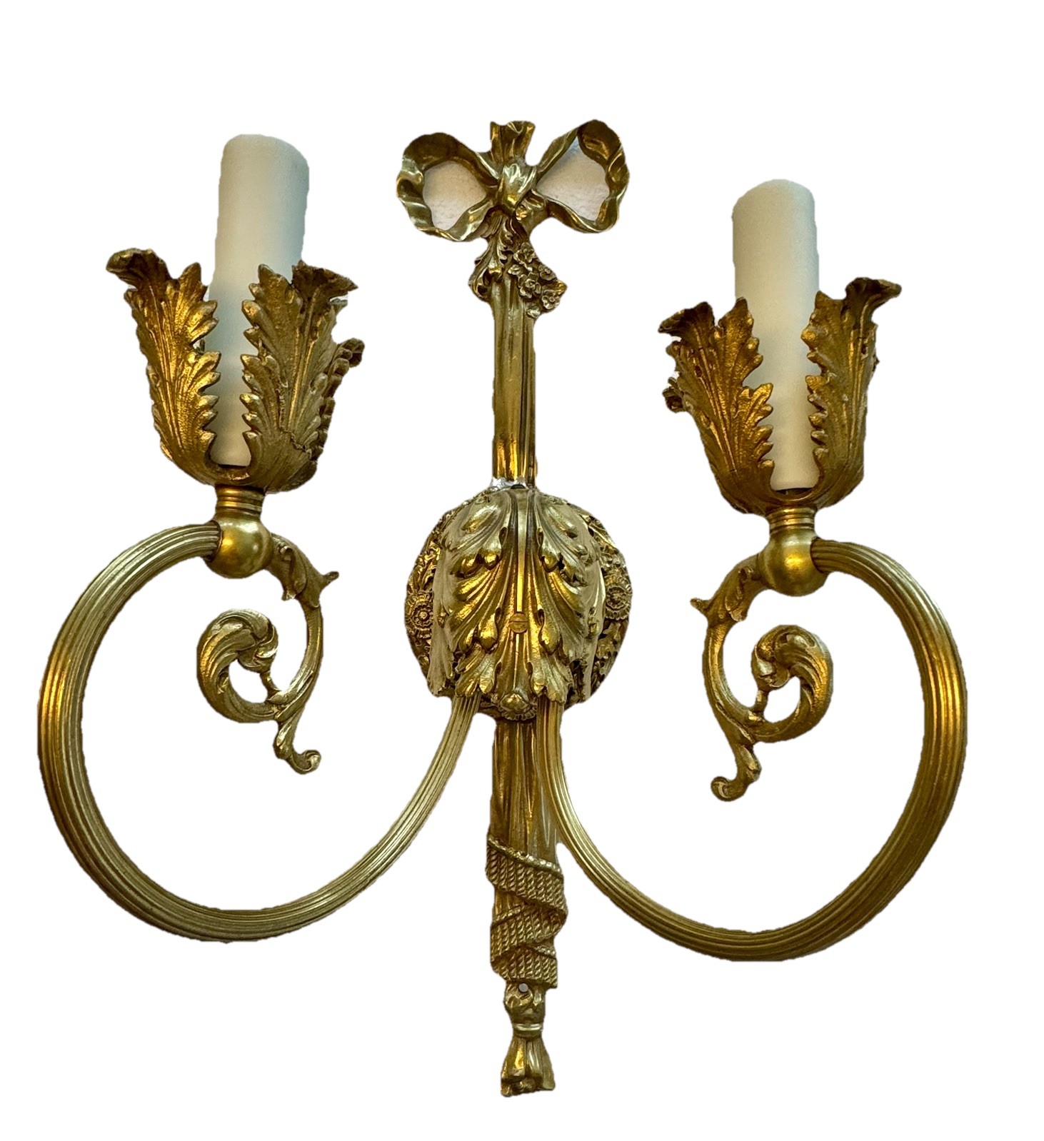 PAIR Antique French Gilt Brass Rope Bow Tassels Wall Sconce 2 Light Candelabras