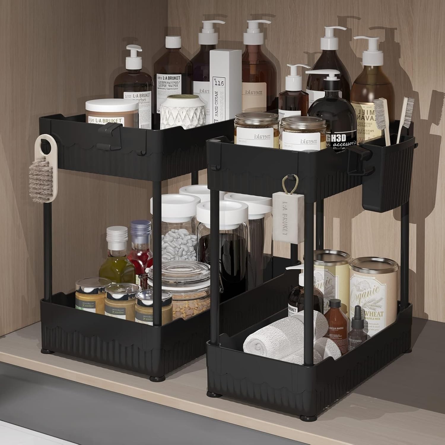 2 Pack Under Sink Organizer – Bathroom & Kitchen Cabinet Storage Rack with Hooks