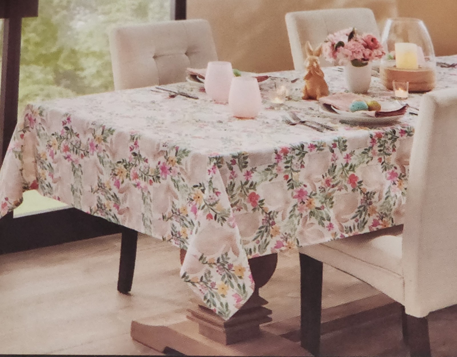 Tahari Floral Bunny Easter Tablecloth 60x120 Oblong Pastel Spring Garden PRETTY