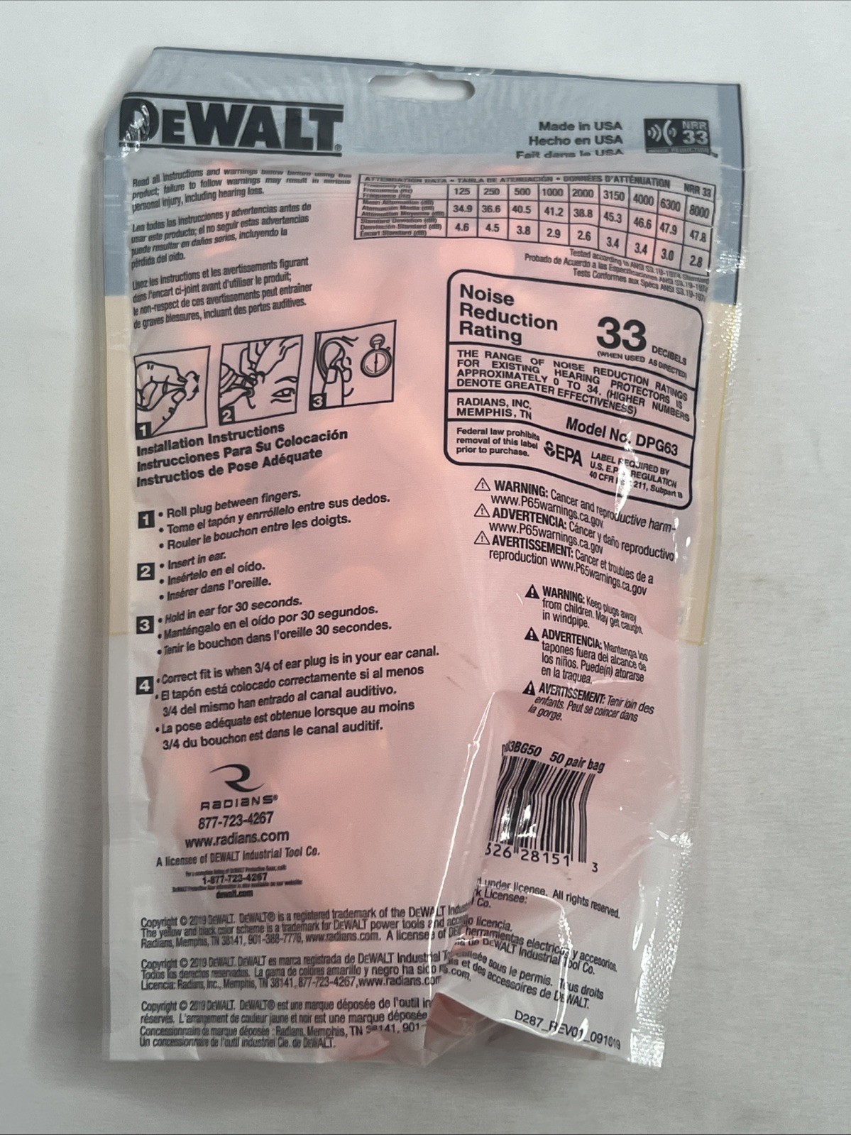 DeWalt Foam Earplugs 50 Pairs NRR 33 Made In Usa New