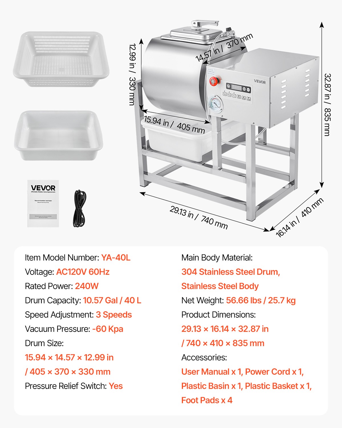 VEVOR Vacuum Meat Tumbler Marinator Machine 40L for Chicken Steak Fish