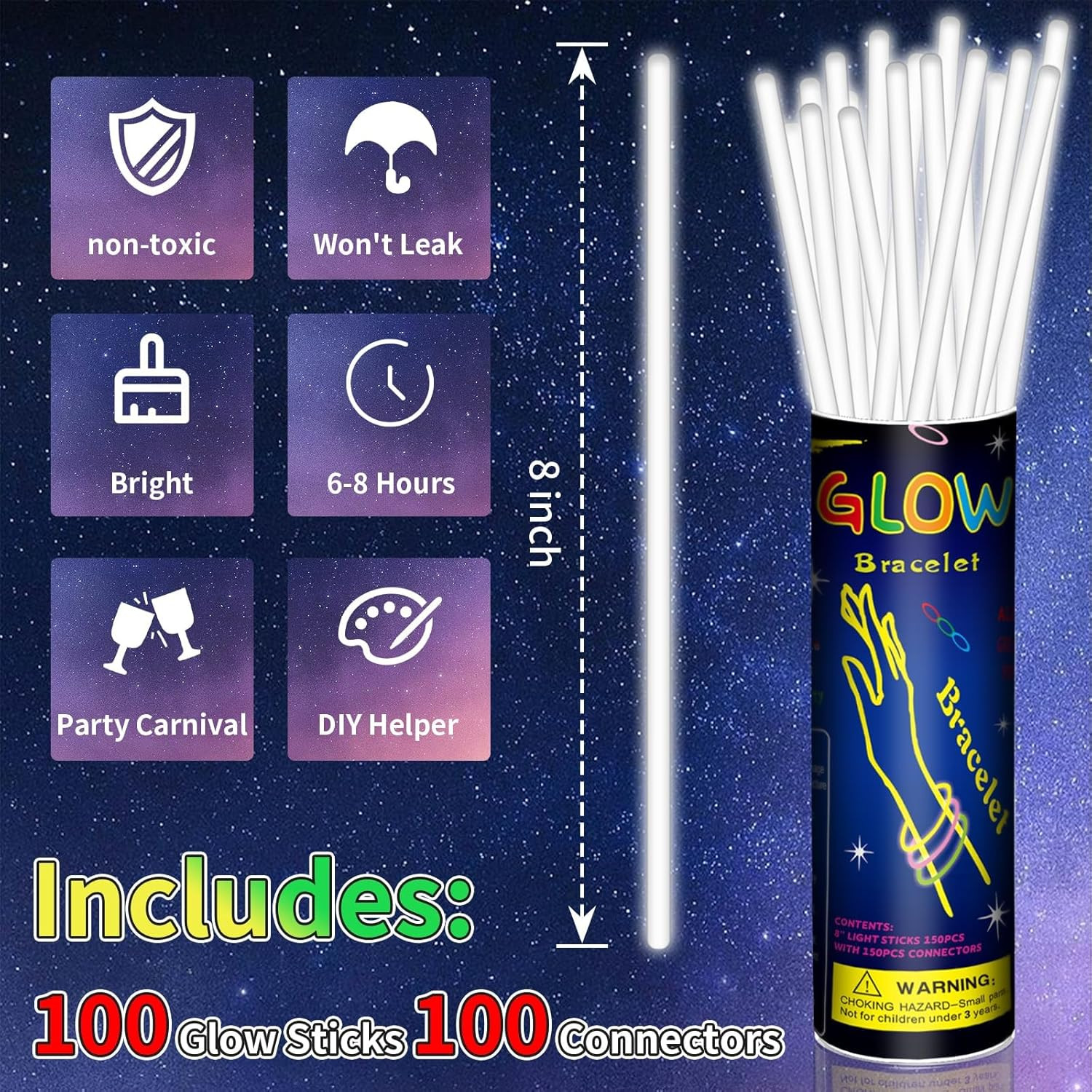 100 Pack 8” White Glow Sticks Bulk with 100 Connectors Neon Glow In The Dark Par
