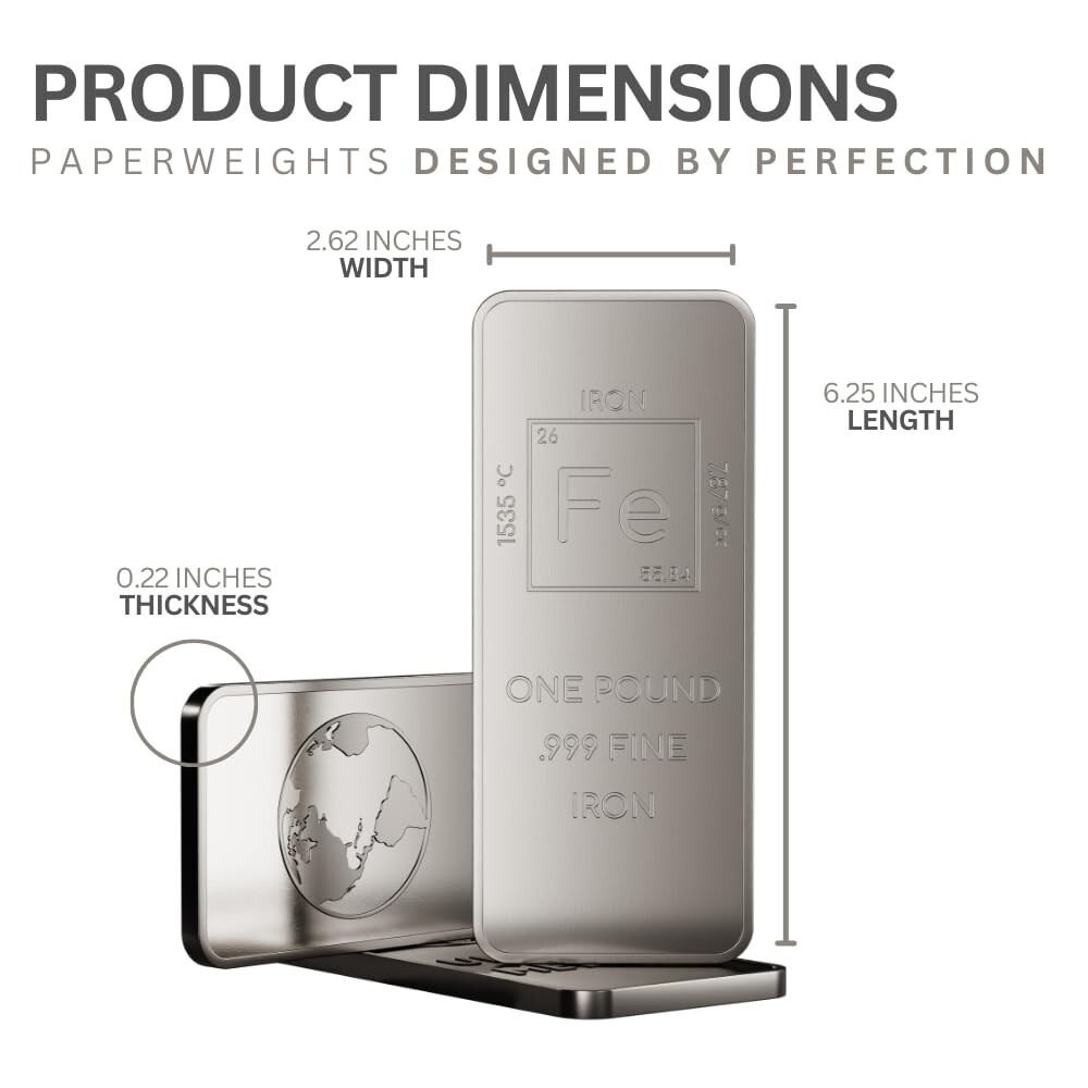 1 Pound .999 Pure Iron Bar Bullion Paperweight with Element Design-Unique Metals