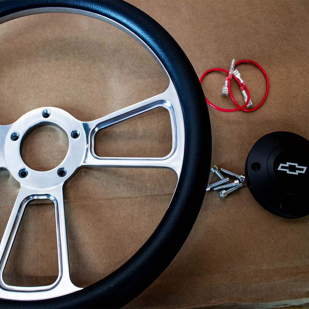 14" Billet Muscle Steering Wheel with Black Vinyl Wrap and Chevy Horn - 5 Hole