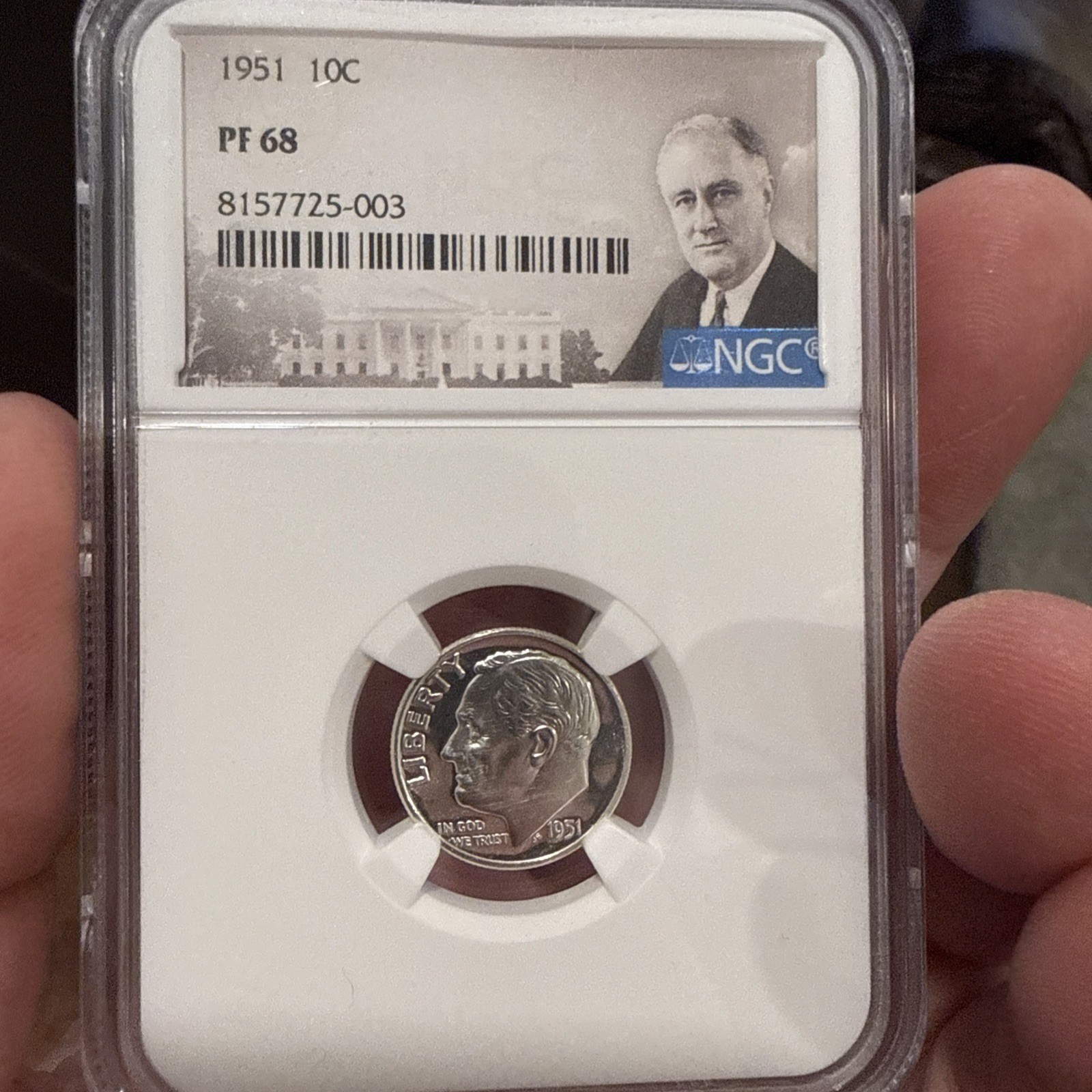 1951 NGC PF68 90% Proof Silver Roosevelt Dime 10c Portrait  Lbl