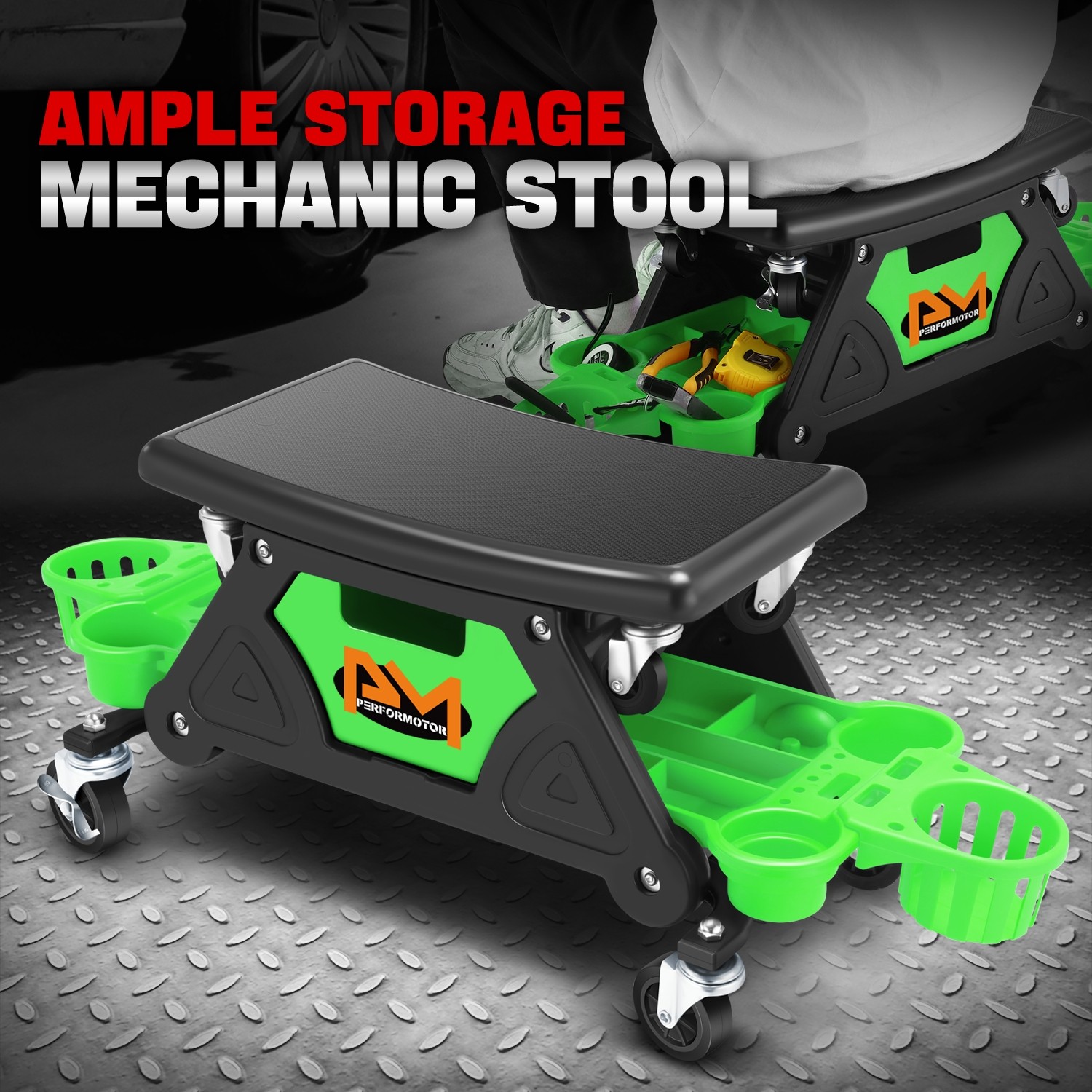 Detachable Stool Heavy Duty Mechanic Rolling Work Shop Seat w/ Tool Tray Green