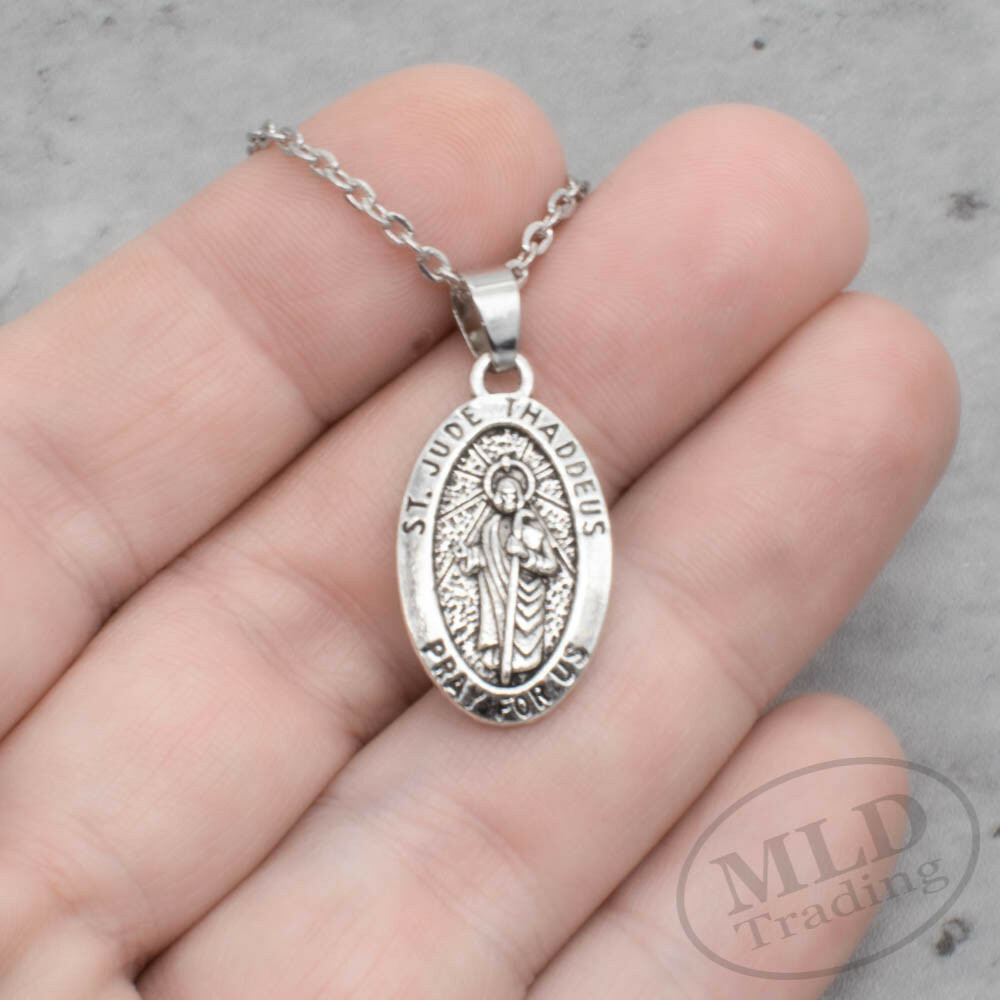 Saint St Jude Thaddeus Pray For Us Oval Silver Medal Pendant Necklace 18" Chain