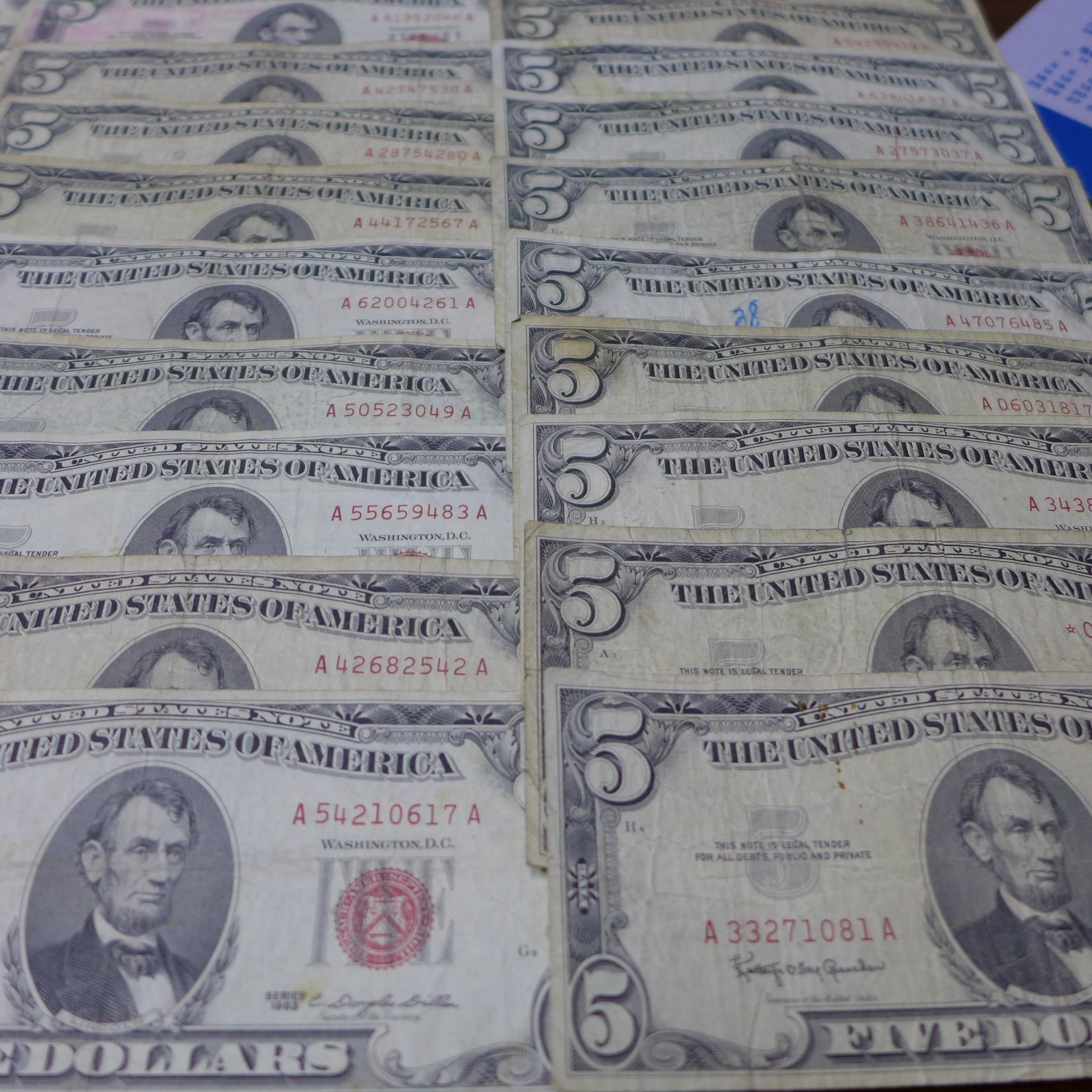 Lot of (50) 1963 Red Seal FIVE Dollar $5 Bills CIRCULATED BILLS - Culls