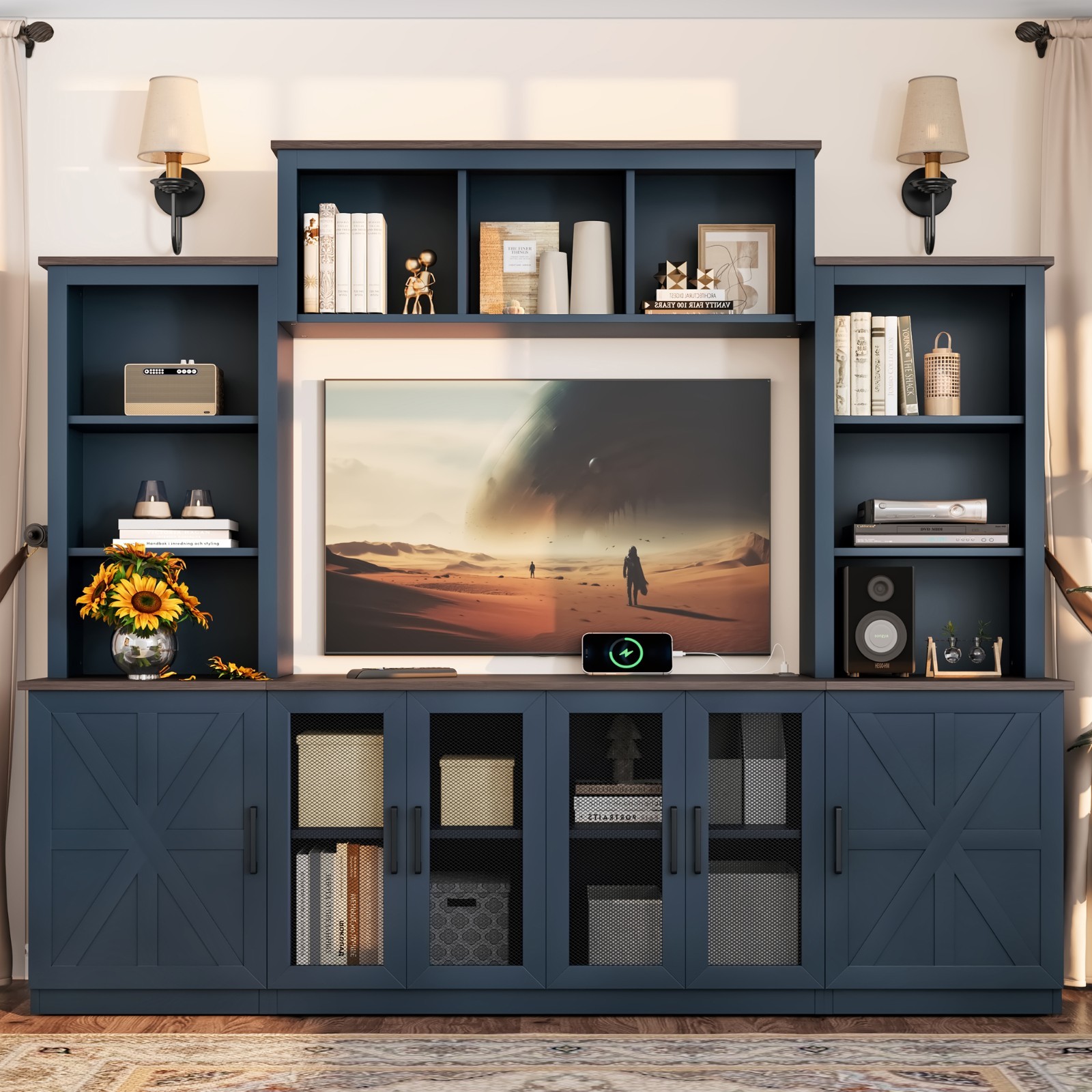 Blue Wall Unit Entertainment Center with Charging Station USB Storage TV Stand