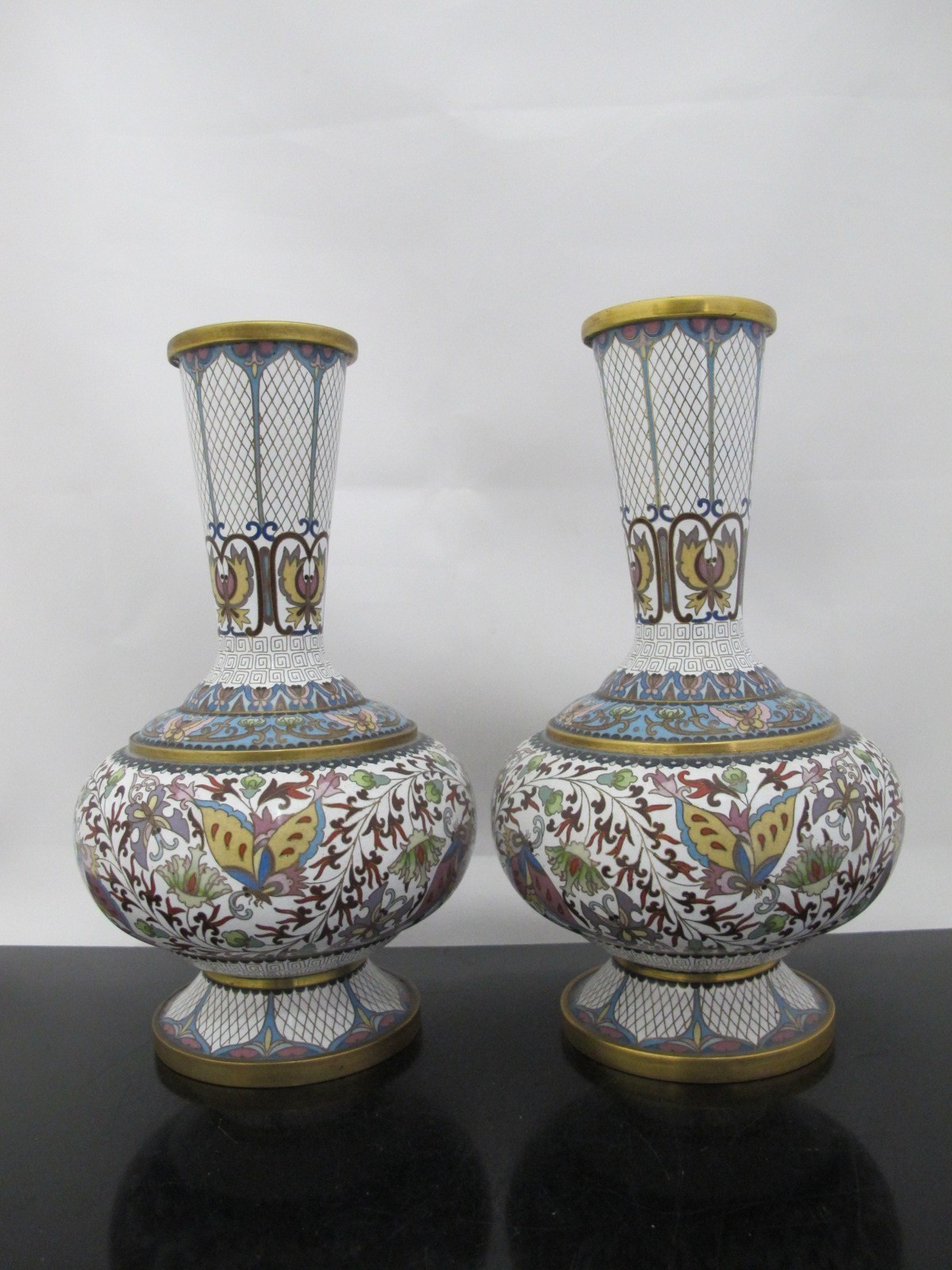 CHINESE White Enamel CLOISONNE Colorful Butterfly & Flower Vase Pair