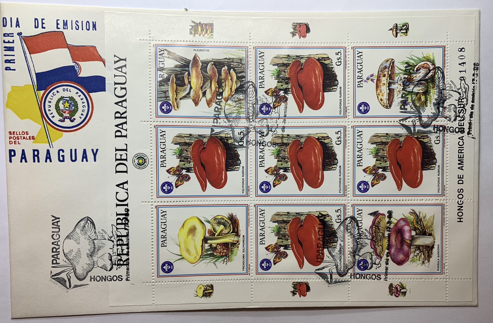 RARE 1986 PARAGUAY FDC COVER MUSHROOMS WITH CANCELED AND MINT NUMBERED SHEETS
