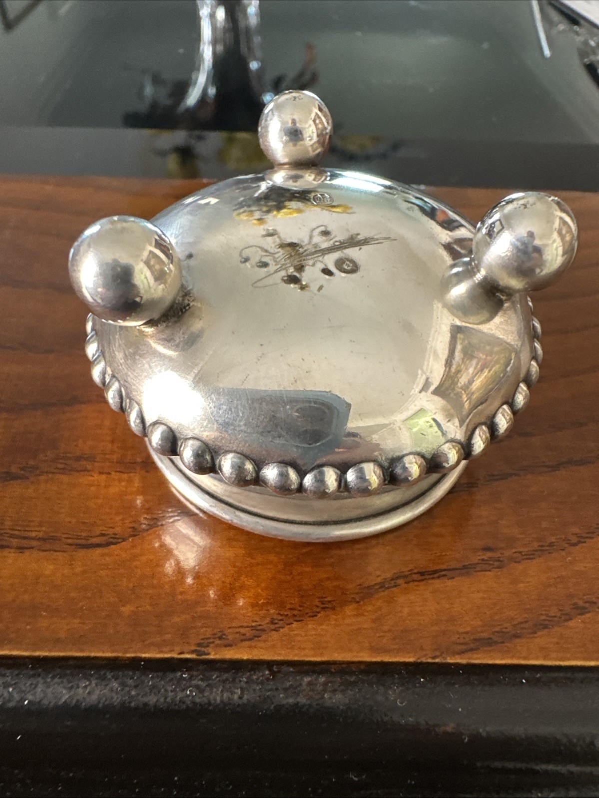 Silver Salt Cellar Beaded Rim ,Ball Footed With Sterling Salt Spoon