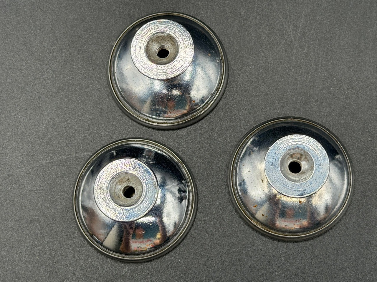 3 Vintage Chrome Concave Round Pull Knobs w/ Matching Backplates & Screws.