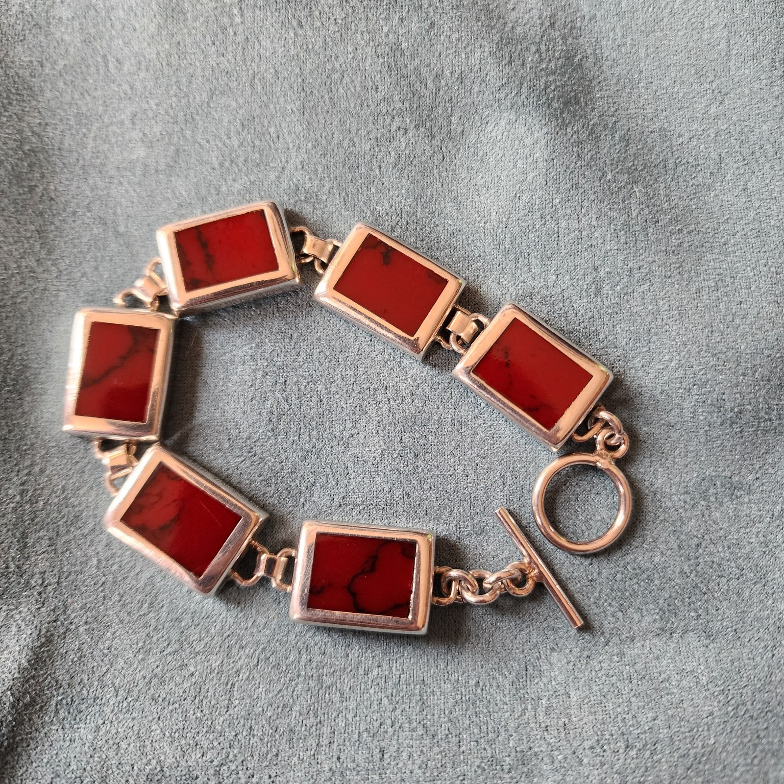 Vintage Mexican Silver Red Jasper Bracelet, Heavy Statement, Chunky Panel 7.25"
