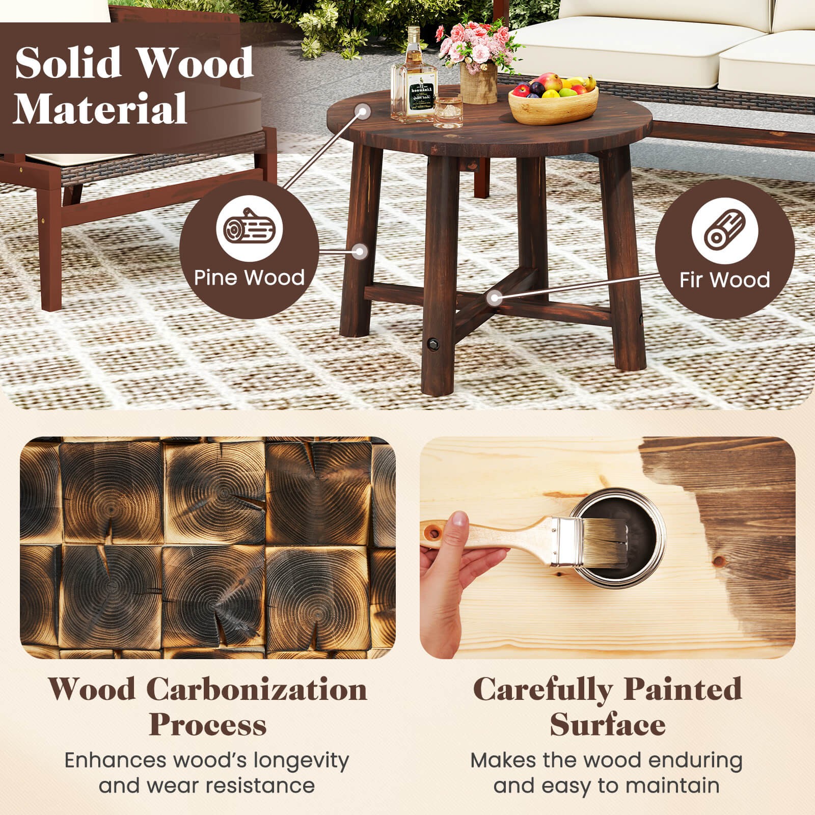 Outdoor Side Table w/ Solid Wood Structure Small Round Coffee Table for Garden